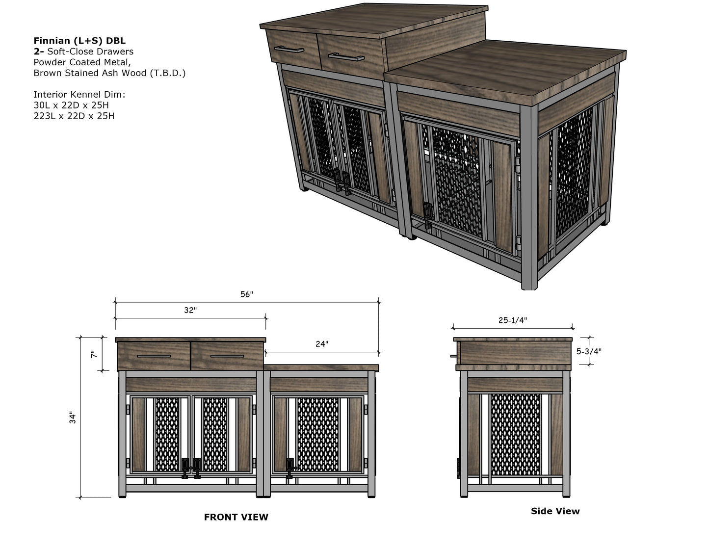 Finnian Custom Large + Small Double Dog Kennel with Drawers