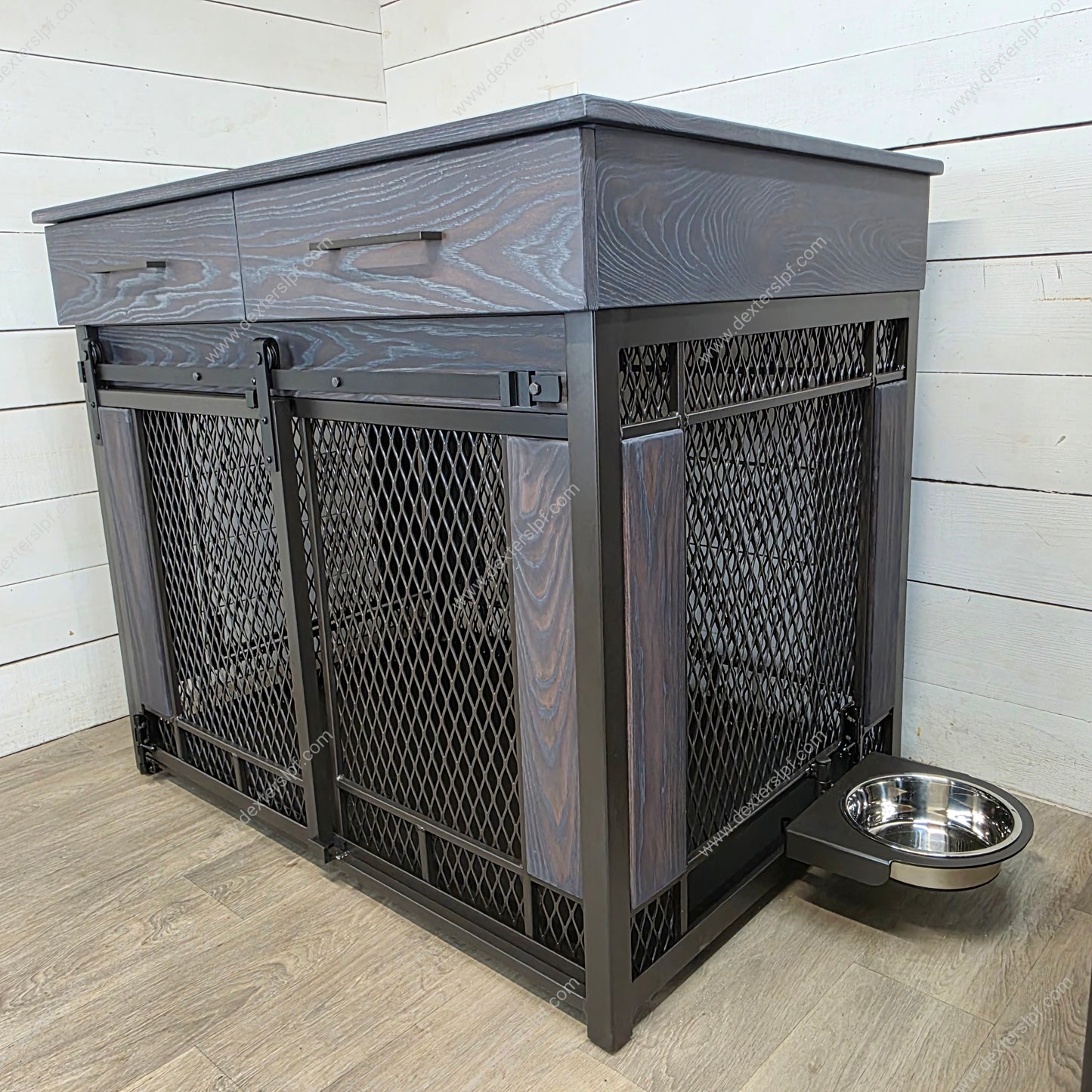 Raven X Large Dog Crate with Drawers (Set of 2) | Sliding front door, hinged side door, and food bowl holder