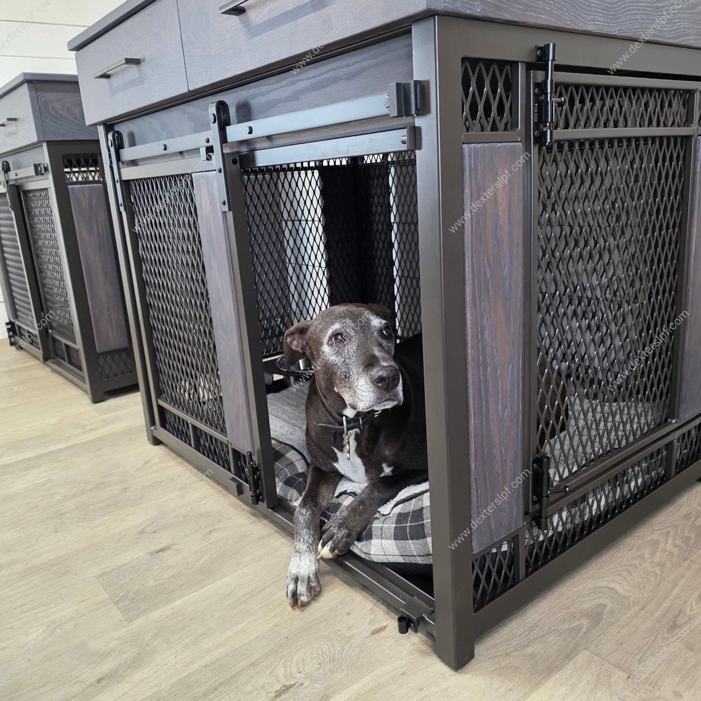 Raven X Large Dog Crate with Drawers (Set of 2) | Sliding front door, hinged side door, and food bowl holder