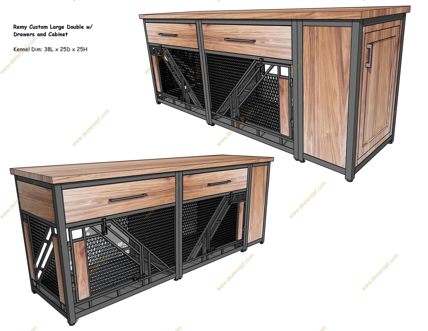 Remy Large Double Dog Crate Furniture with Drawers & Side Cabinet | Black Walnut & Black Metal