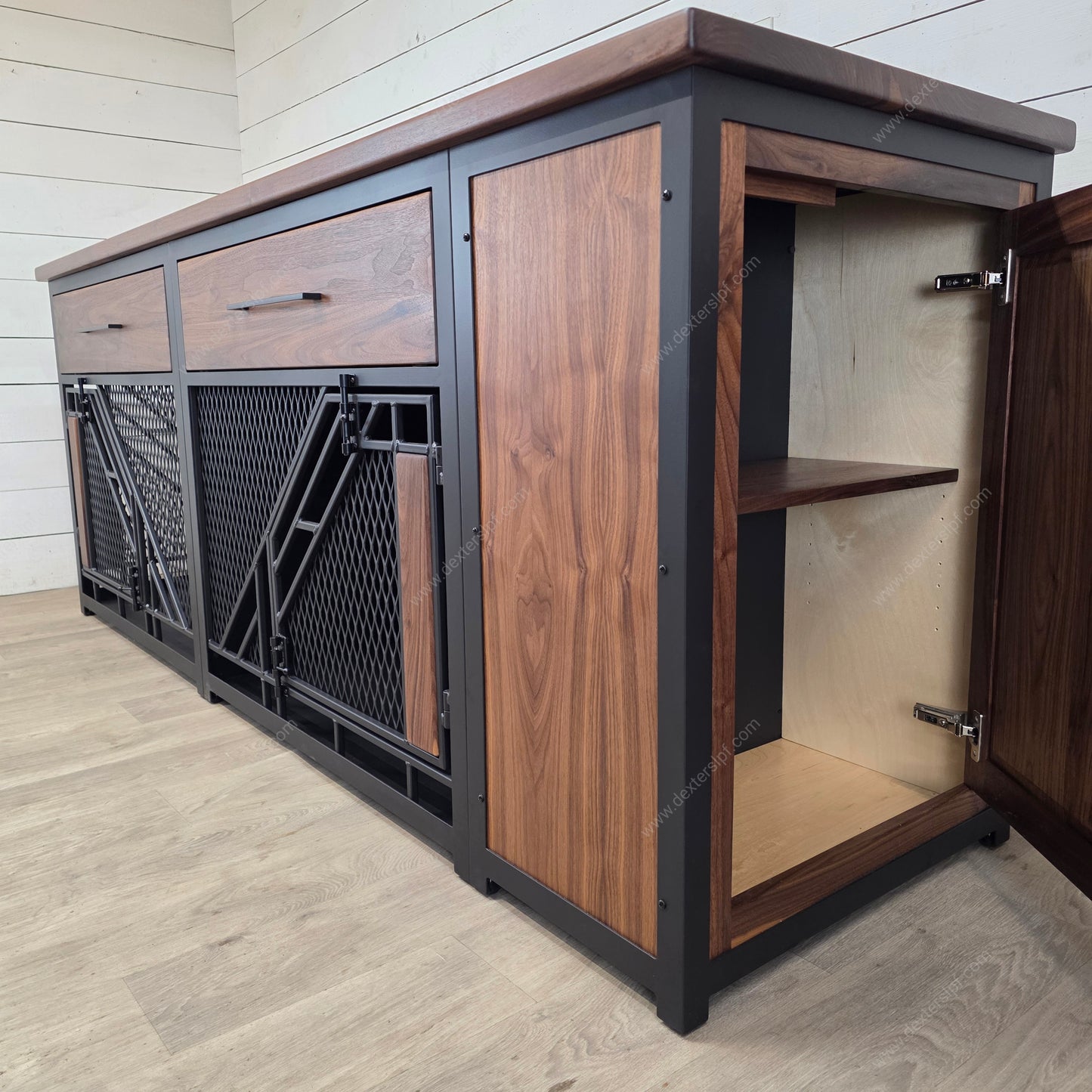 Remy Large Double Dog Crate Furniture with Drawers & Side Cabinet | Black Walnut & Black Metal