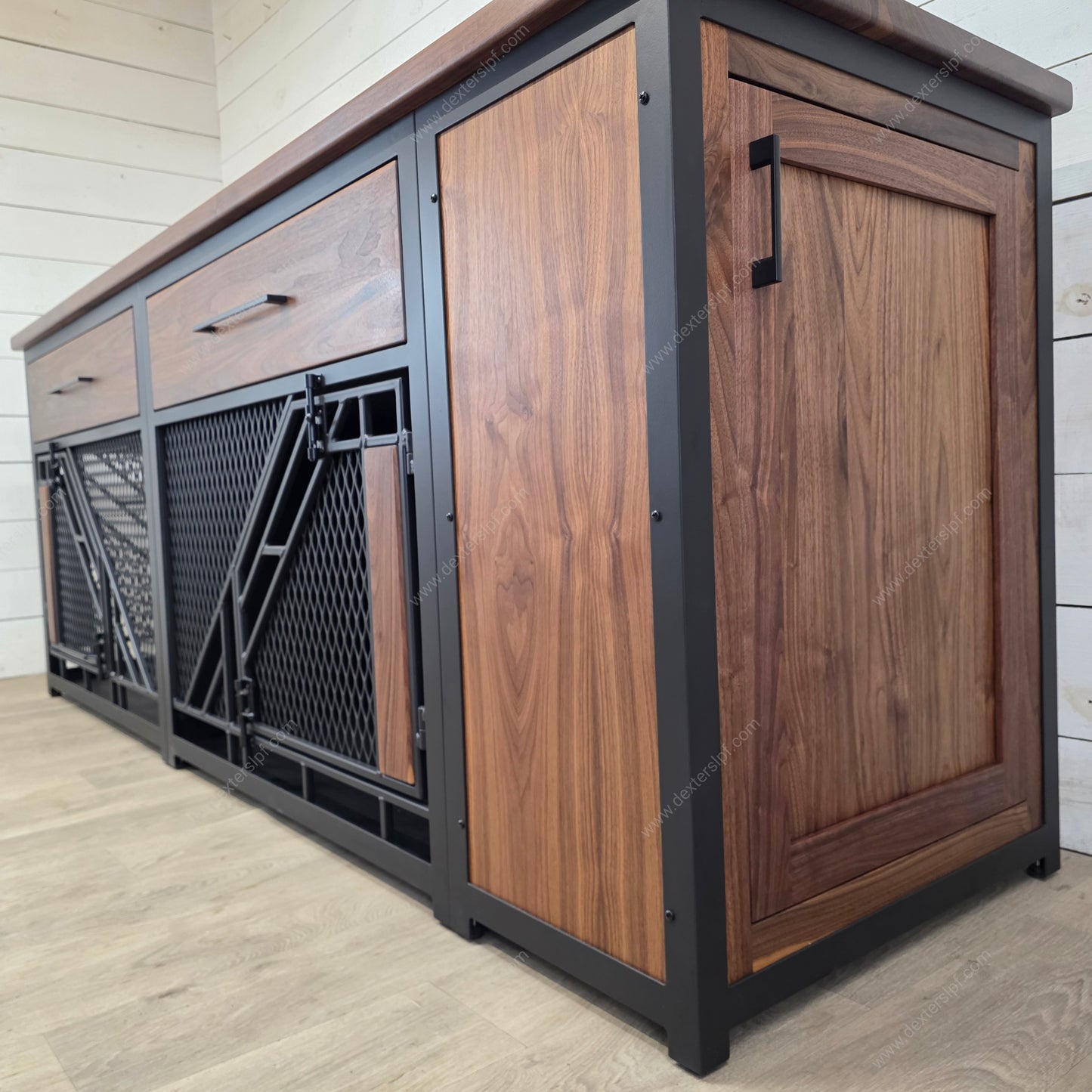 Remy Large Double Dog Crate Furniture with Drawers & Side Cabinet | Black Walnut & Black Metal