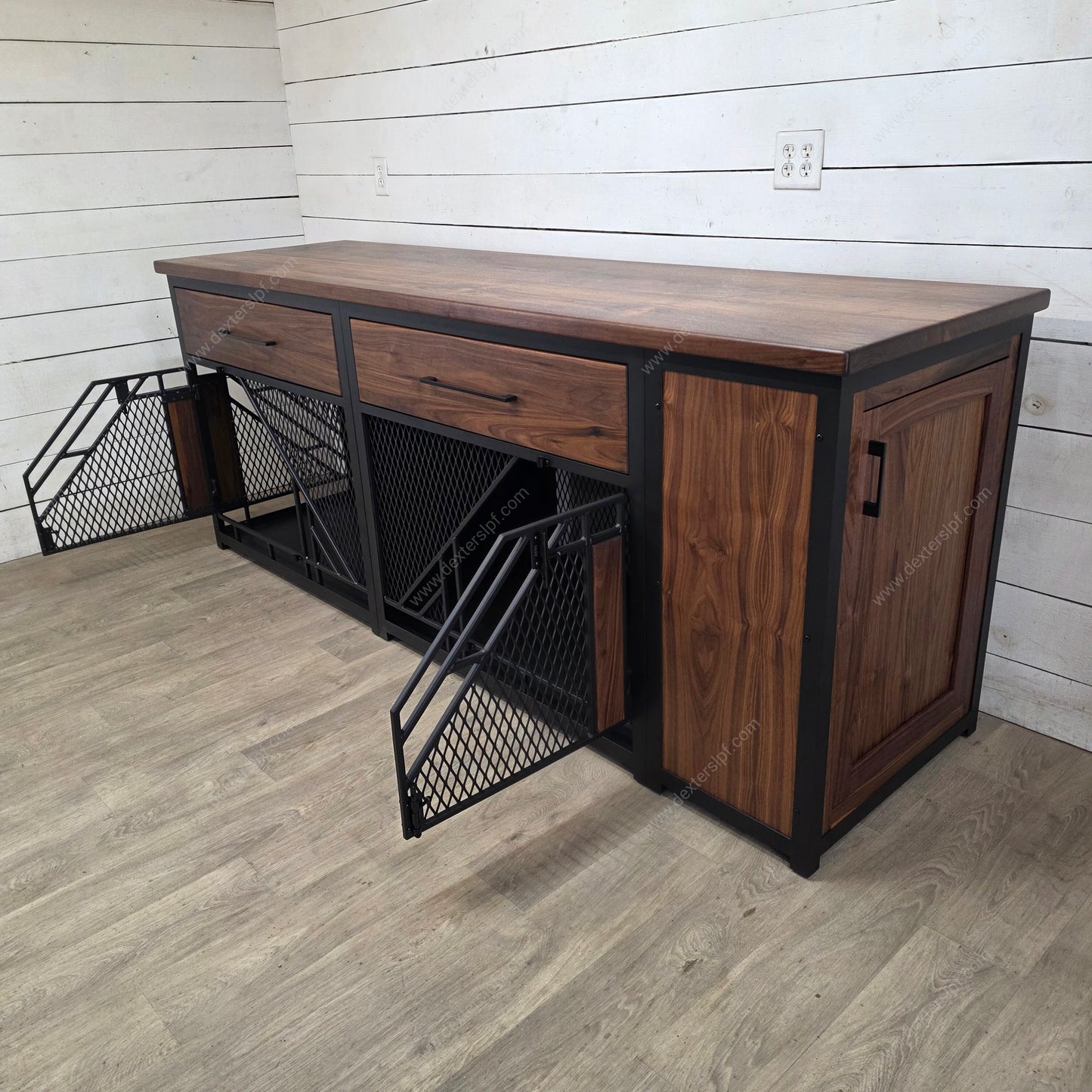 Remy Large Double Dog Crate Furniture with Drawers & Side Cabinet | Black Walnut & Black Metal