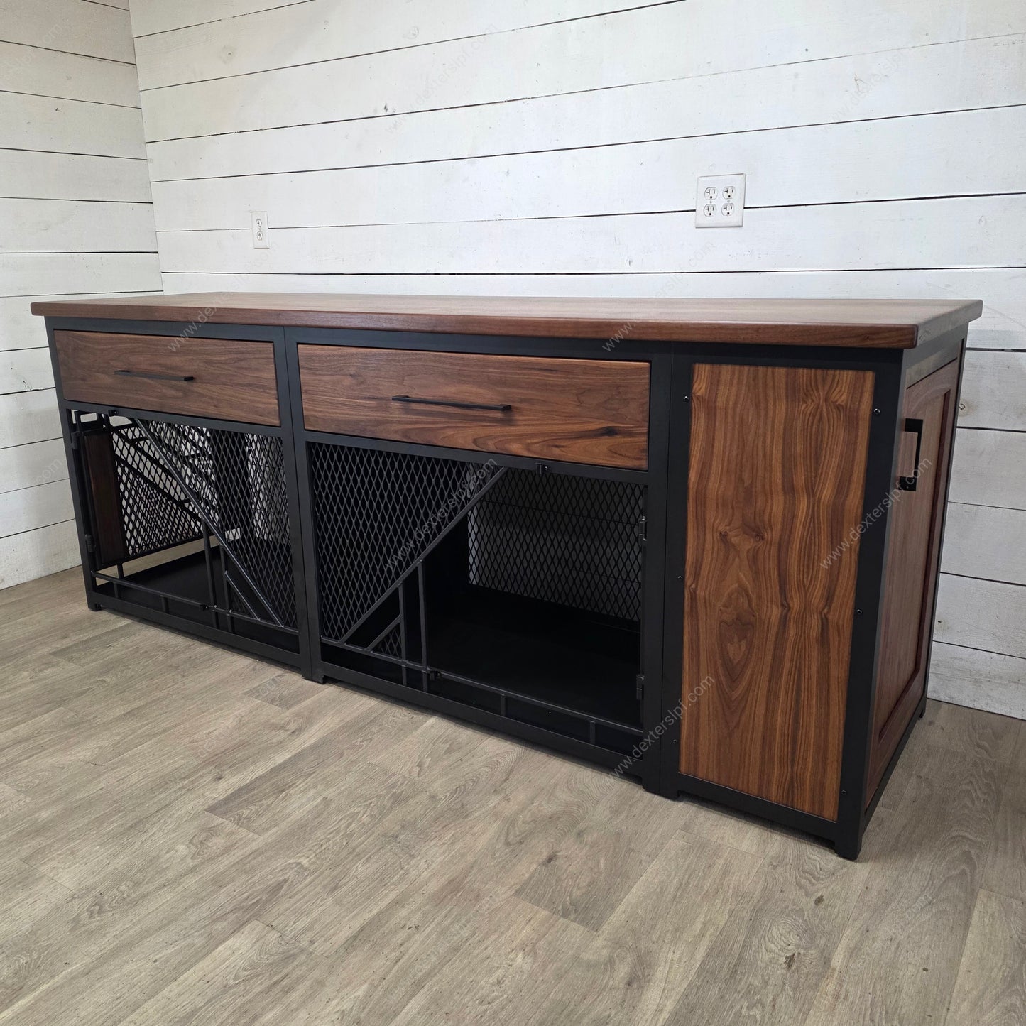 Remy Large Double Dog Crate Furniture with Drawers & Side Cabinet | Black Walnut & Black Metal