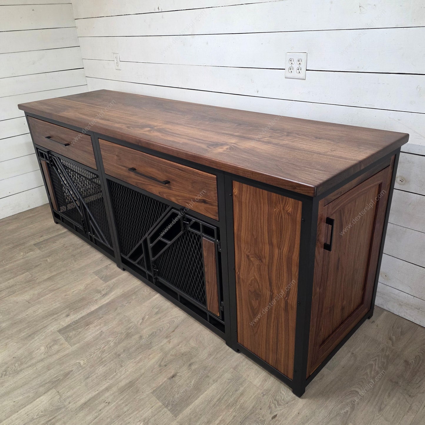 Remy Large Double Dog Crate Furniture with Drawers & Side Cabinet | Black Walnut & Black Metal
