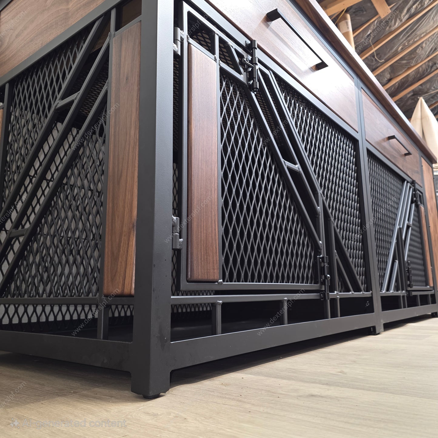 Remy Large Double Dog Crate Furniture with Drawers & Side Cabinet | Black Walnut & Black Metal