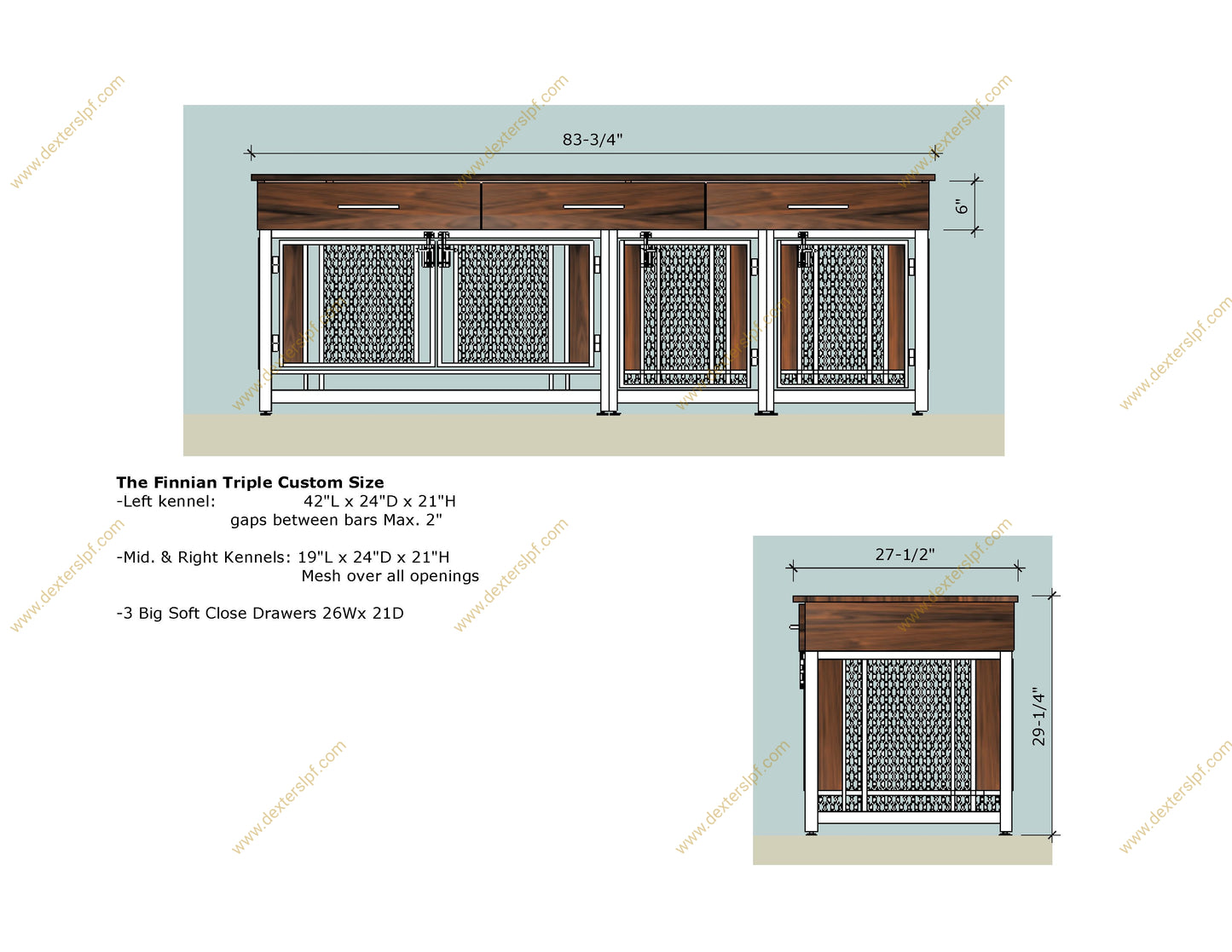 Finnian Custom Triple Dog Crate Furniture | Triple Crate with Drawers