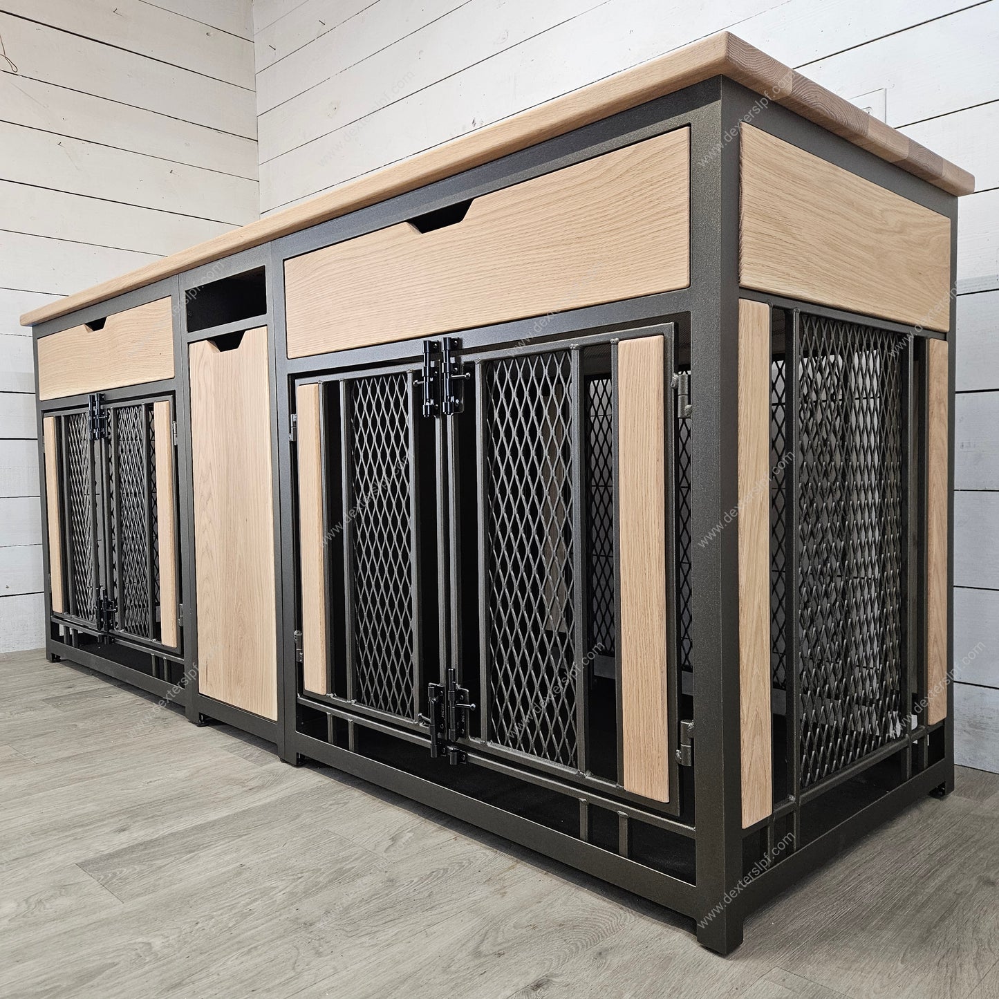 Finnian Large Double with Drawers, and Food Storage Drawer, Double Dog Crate Furniture