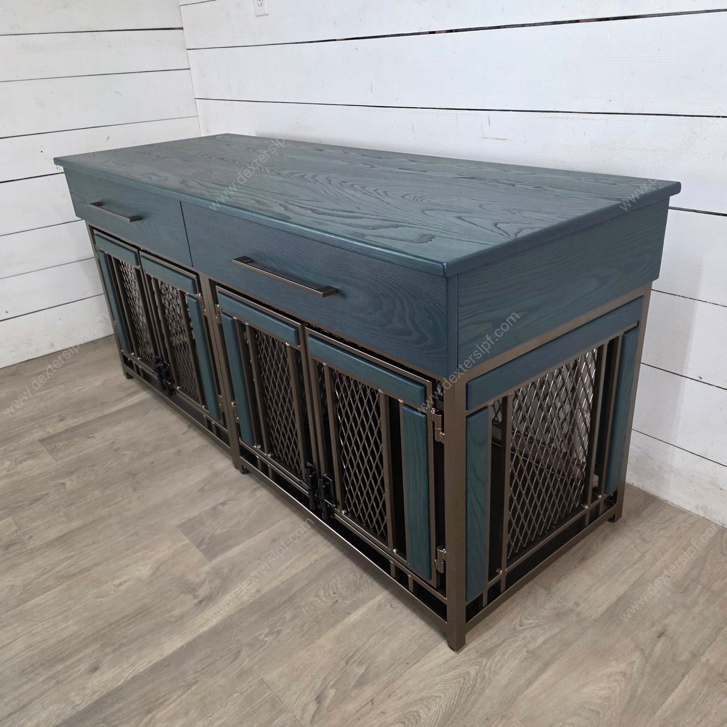 Finnian Medium Double Dog Kennel with Drawers | Luxury Pet Crate Furniture in Bronze & Fern Ash