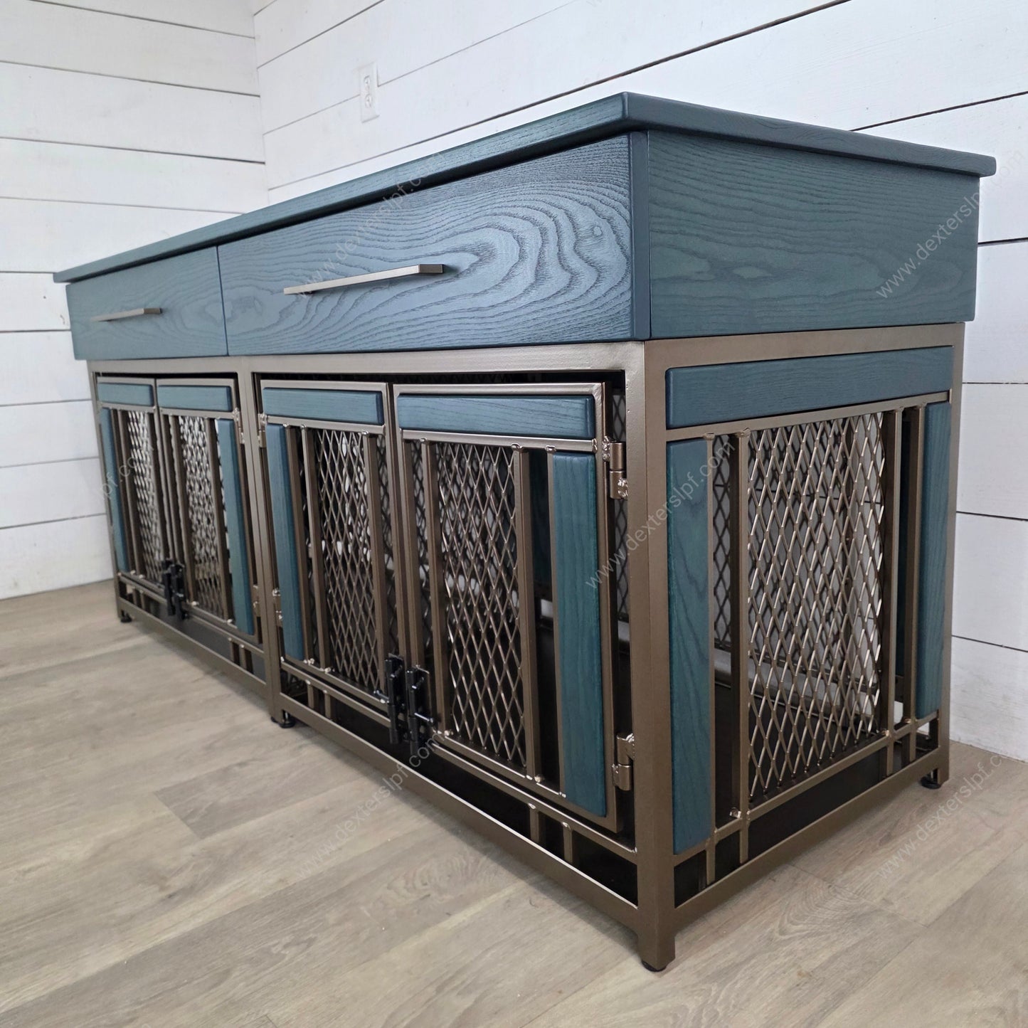 Finnian Medium Double Dog Kennel with Drawers | Luxury Pet Crate Furniture in Bronze & Fern Ash