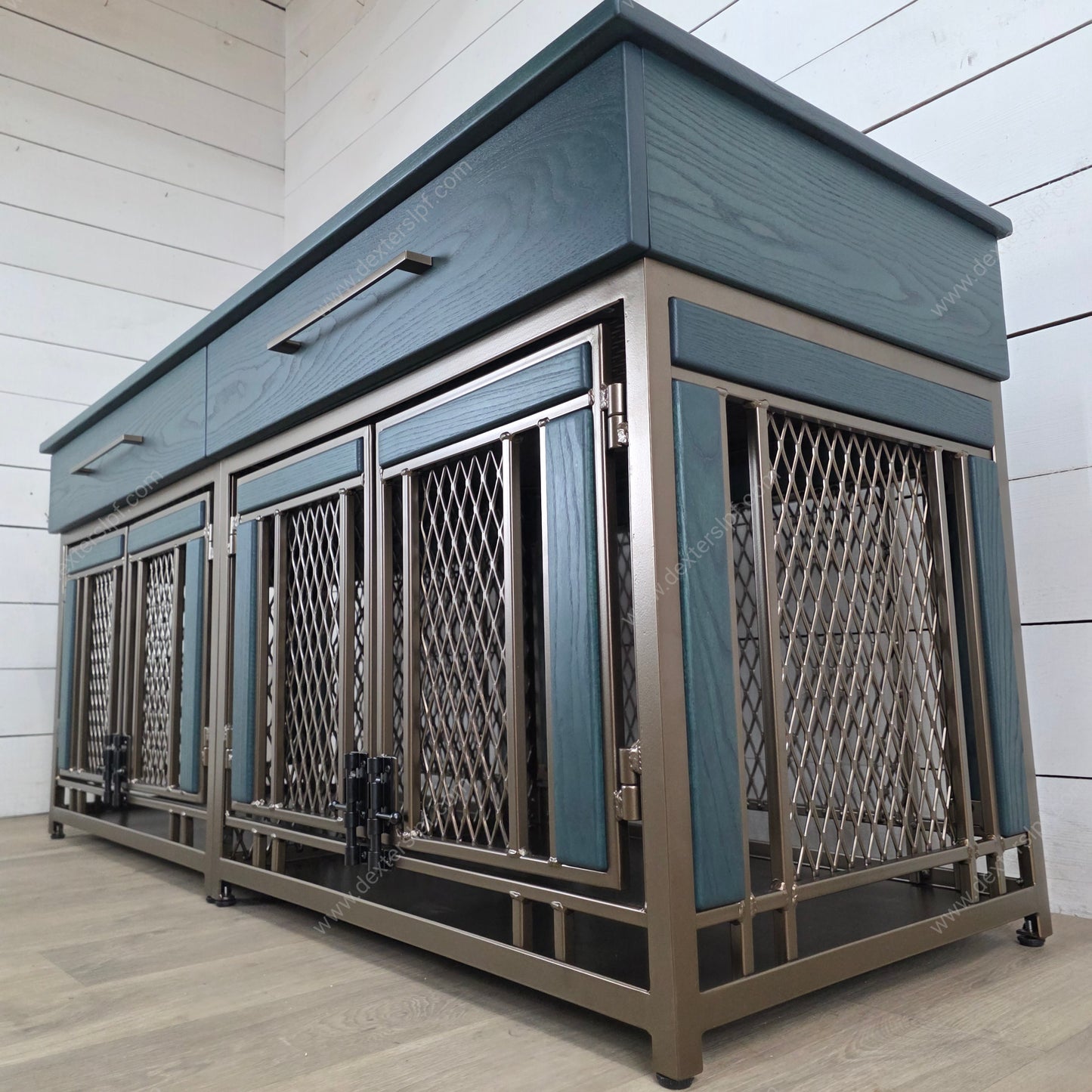 Finnian Medium Double Dog Kennel with Drawers | Luxury Pet Crate Furniture in Bronze & Fern Ash