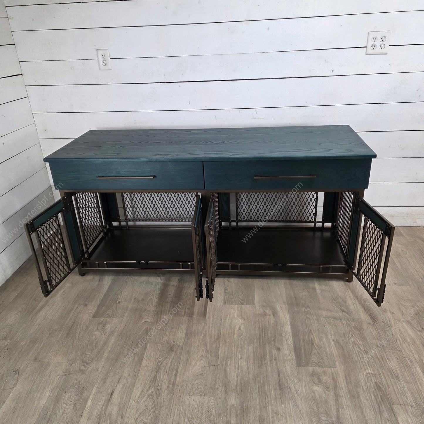 Finnian Medium Double Dog Kennel with Drawers | Luxury Pet Crate Furniture in Bronze & Fern Ash