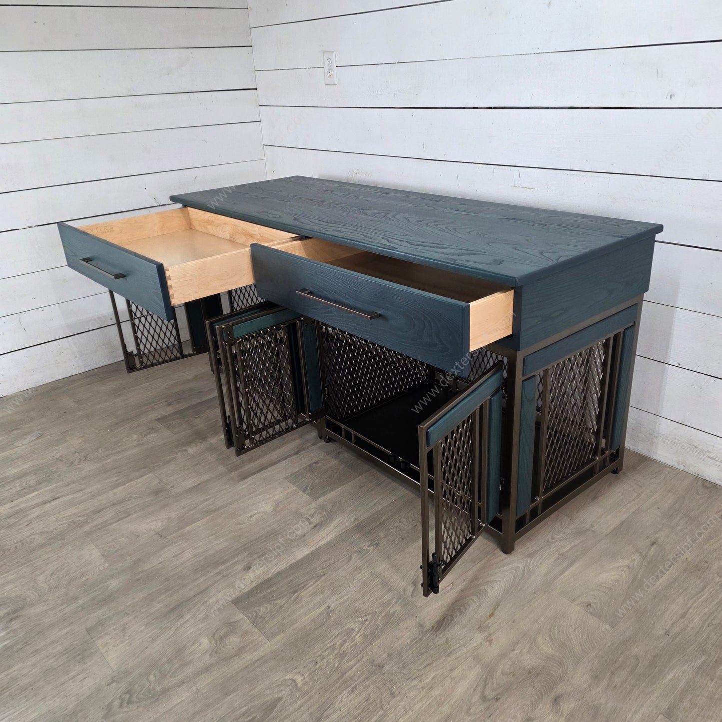 Finnian Medium Double Dog Kennel with Drawers | Luxury Pet Crate Furniture in Bronze & Fern Ash