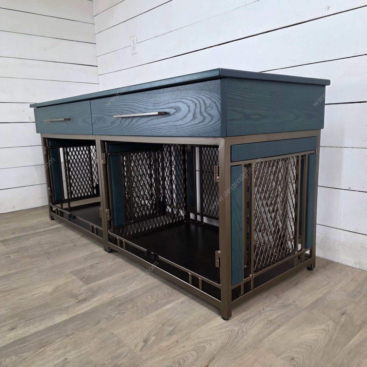 Finnian Medium Double Dog Kennel with Drawers | Luxury Pet Crate Furniture in Bronze & Fern Ash