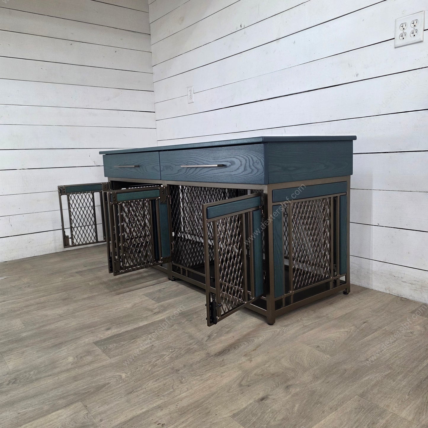 Finnian Medium Double Dog Kennel with Drawers | Luxury Pet Crate Furniture in Bronze & Fern Ash