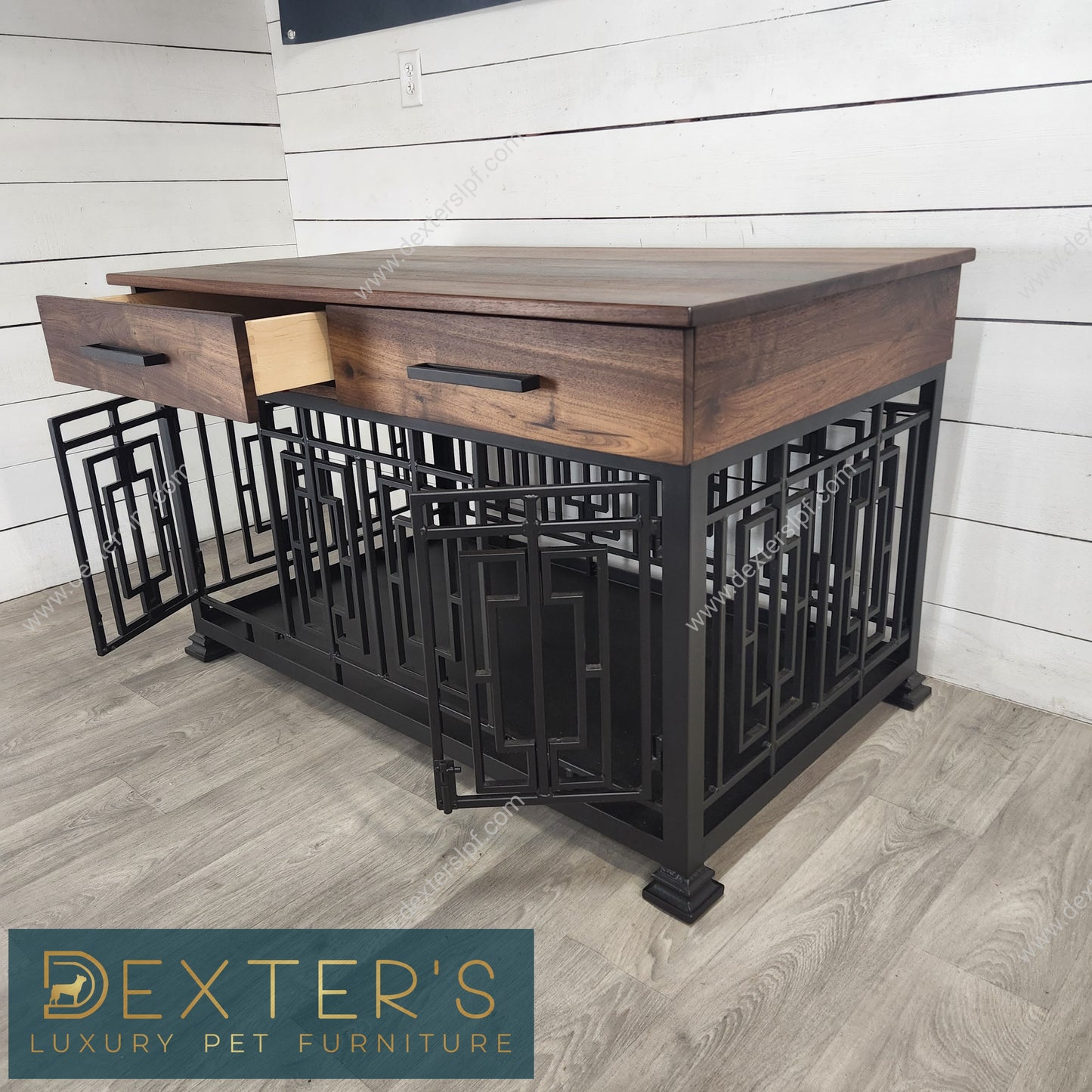 Layla Medium Double Dog Crate Furniture | Modern Double Dog Kennel | Custom Dog Crate with Soft-Close Drawers