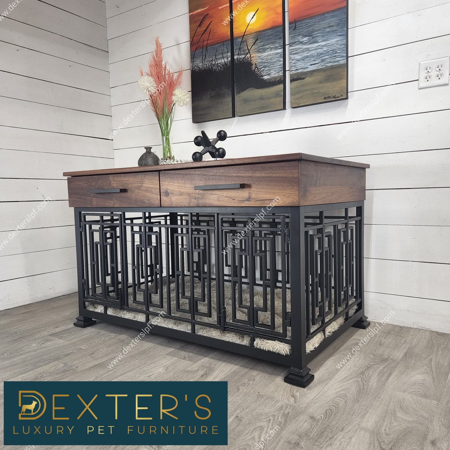 Layla Medium Double Dog Crate Furniture | Modern Double Dog Kennel | Custom Dog Crate with Soft-Close Drawers