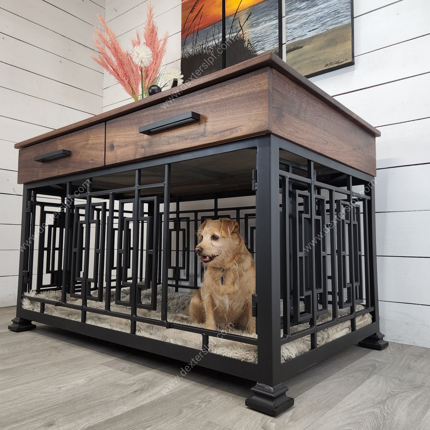 Layla Medium Double Dog Crate Furniture | Modern Double Dog Kennel | Custom Dog Crate with Soft-Close Drawers