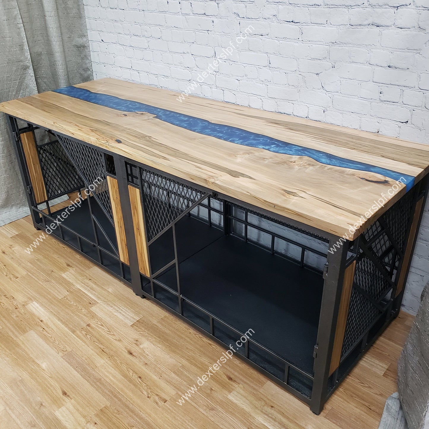 Remy X-Large Double Dog Kennel | Modern Dog Crate with Live Edge River Table