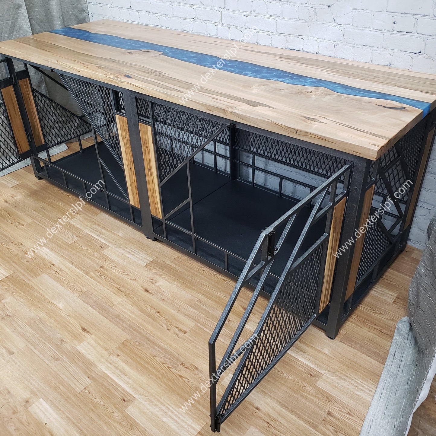 Remy X-Large Double Dog Kennel | Modern Dog Crate with Live Edge River Table