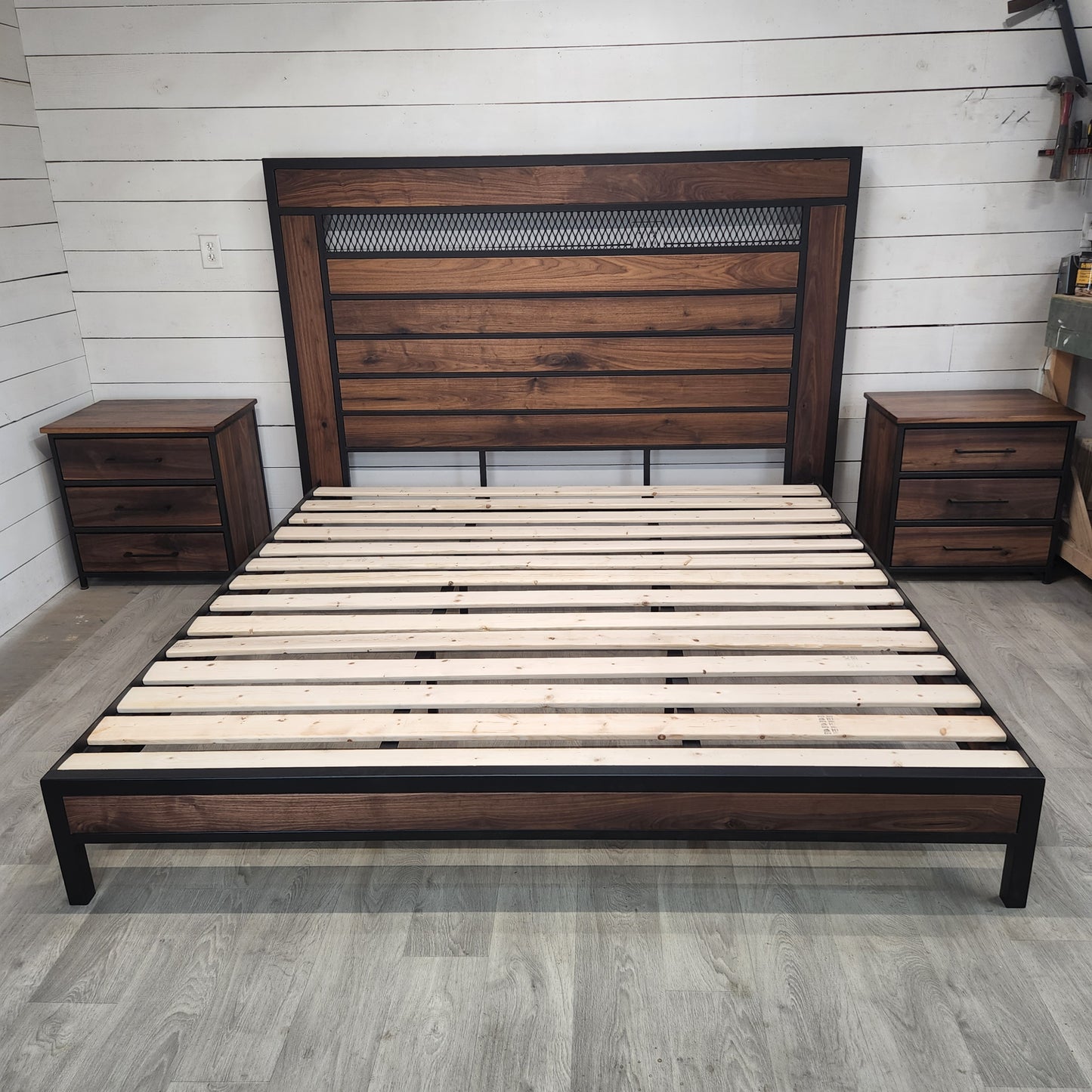 Custom Modern King Size Bed Set with Nightstands | Industrial Modern Design