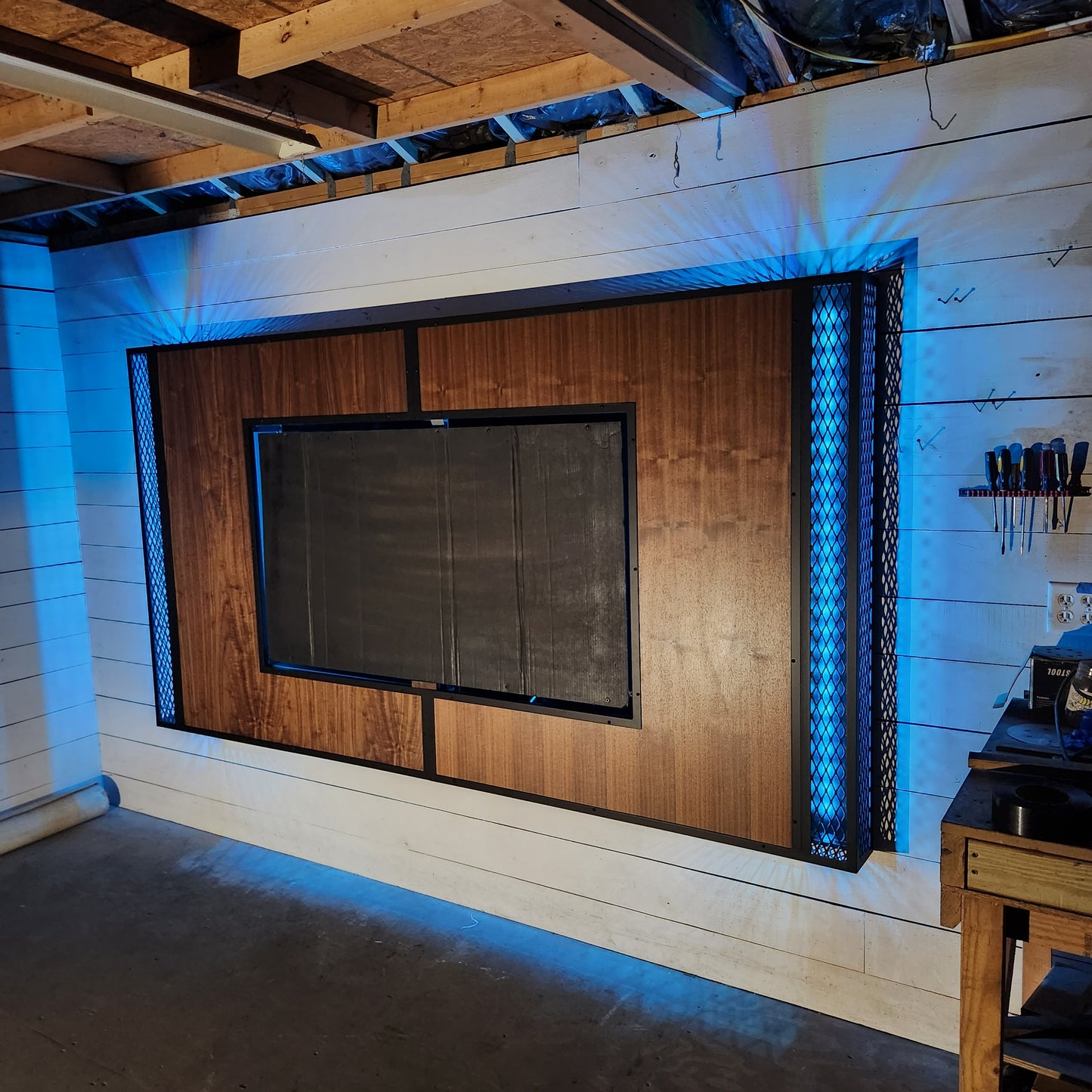 Custom TV Wall Display with LED Backlighting | Modern Black Walnut Design