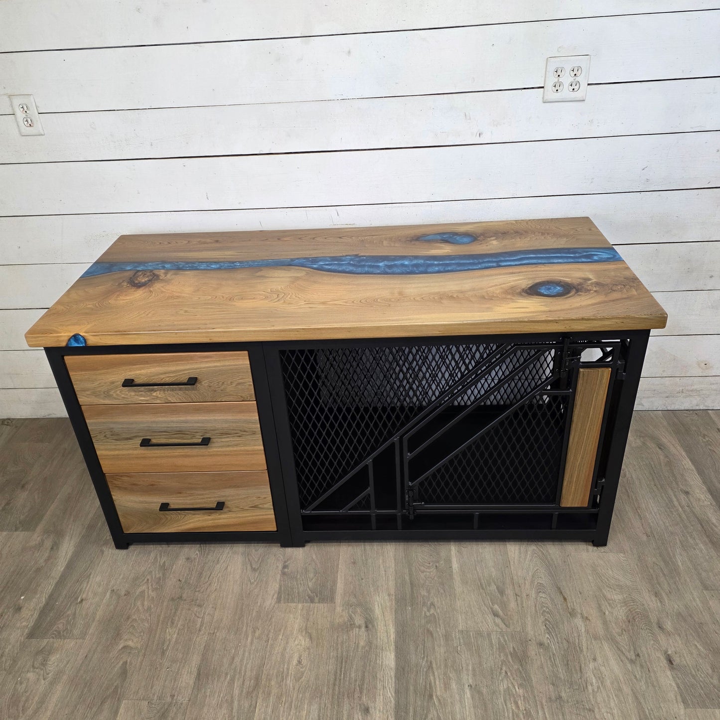 Remy Large Dog Kennel with Drawers and Epoxy River Table Top | Live Edge Wood Luxury Pet Furniture