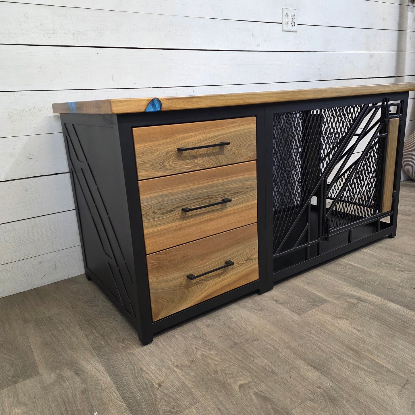 Remy Large Dog Kennel with Drawers and Epoxy River Table Top | Live Edge Wood Luxury Pet Furniture