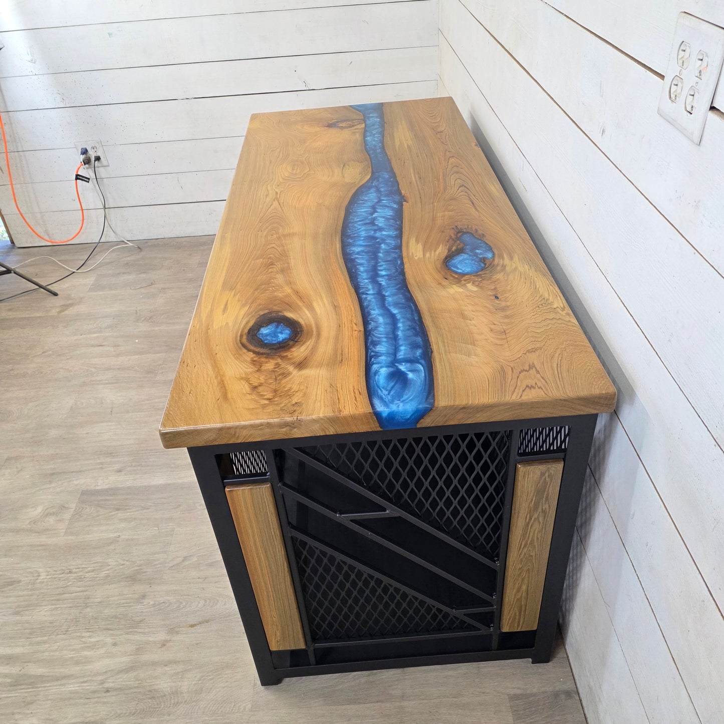 Remy Large Dog Kennel with Drawers and Epoxy River Table Top | Live Edge Wood Luxury Pet Furniture