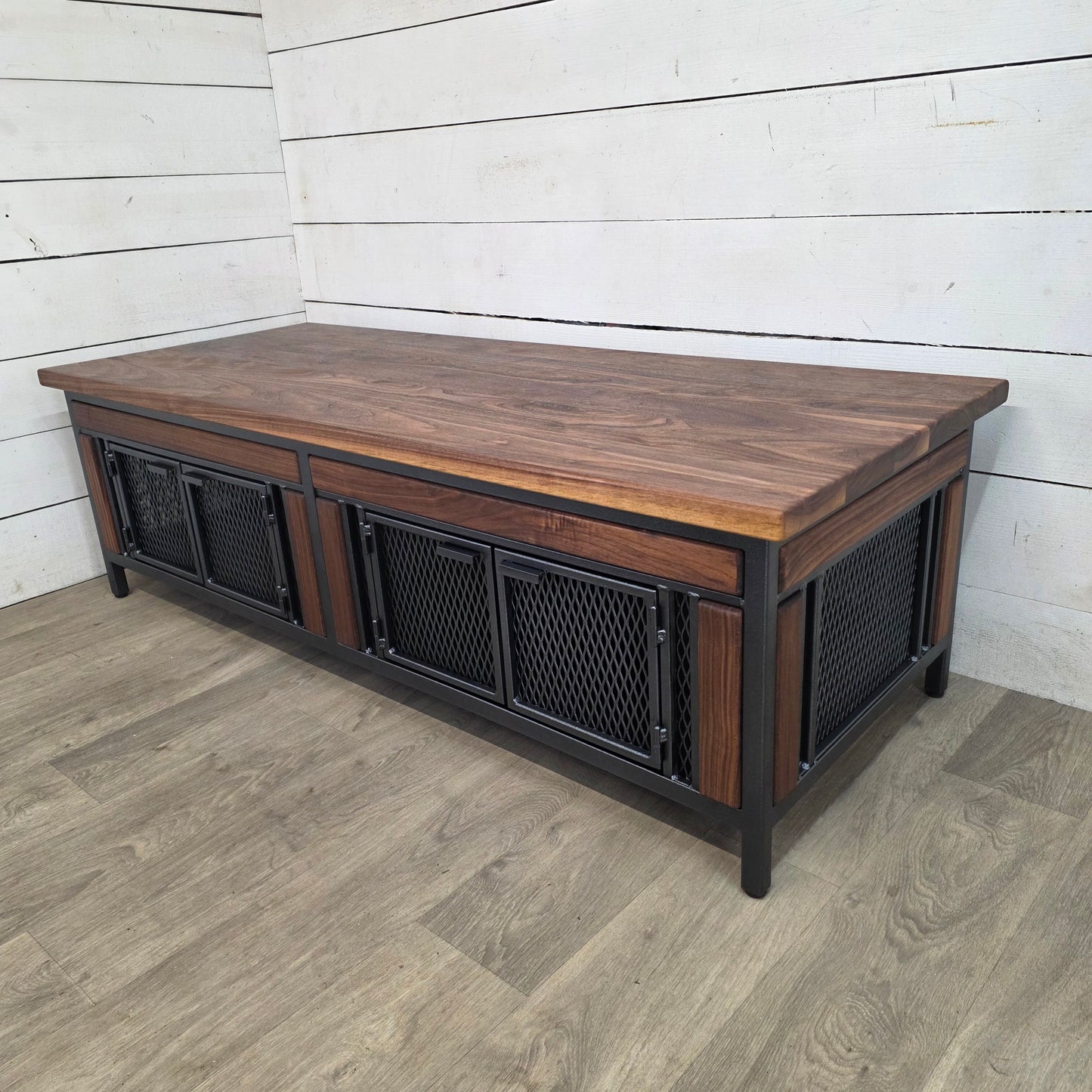 Finnian Style Coffee Table with Storage | Black Walnut & Textured Grey Metal | Modern Industrial Furniture