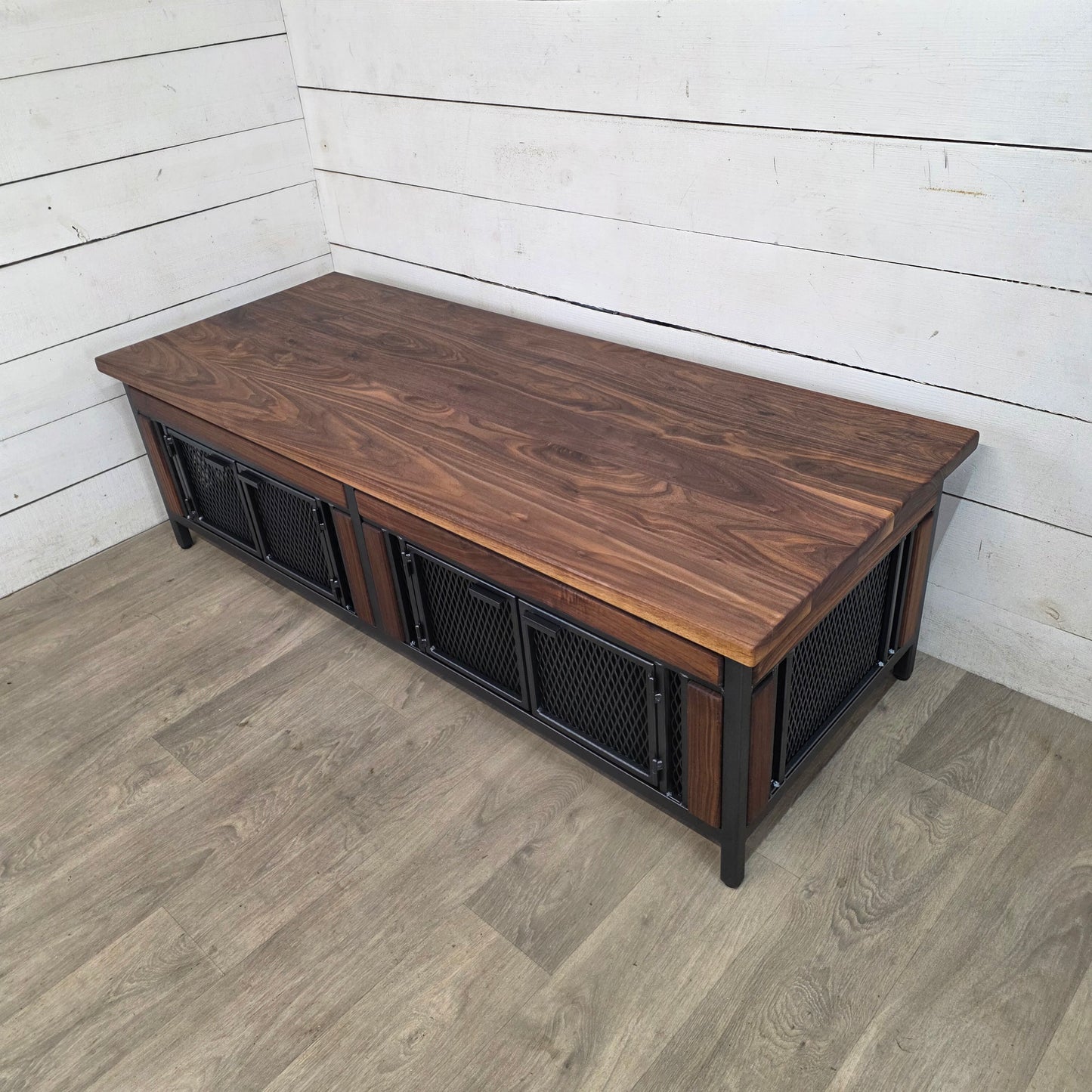 Finnian Style Coffee Table with Storage | Black Walnut & Textured Grey Metal | Modern Industrial Furniture