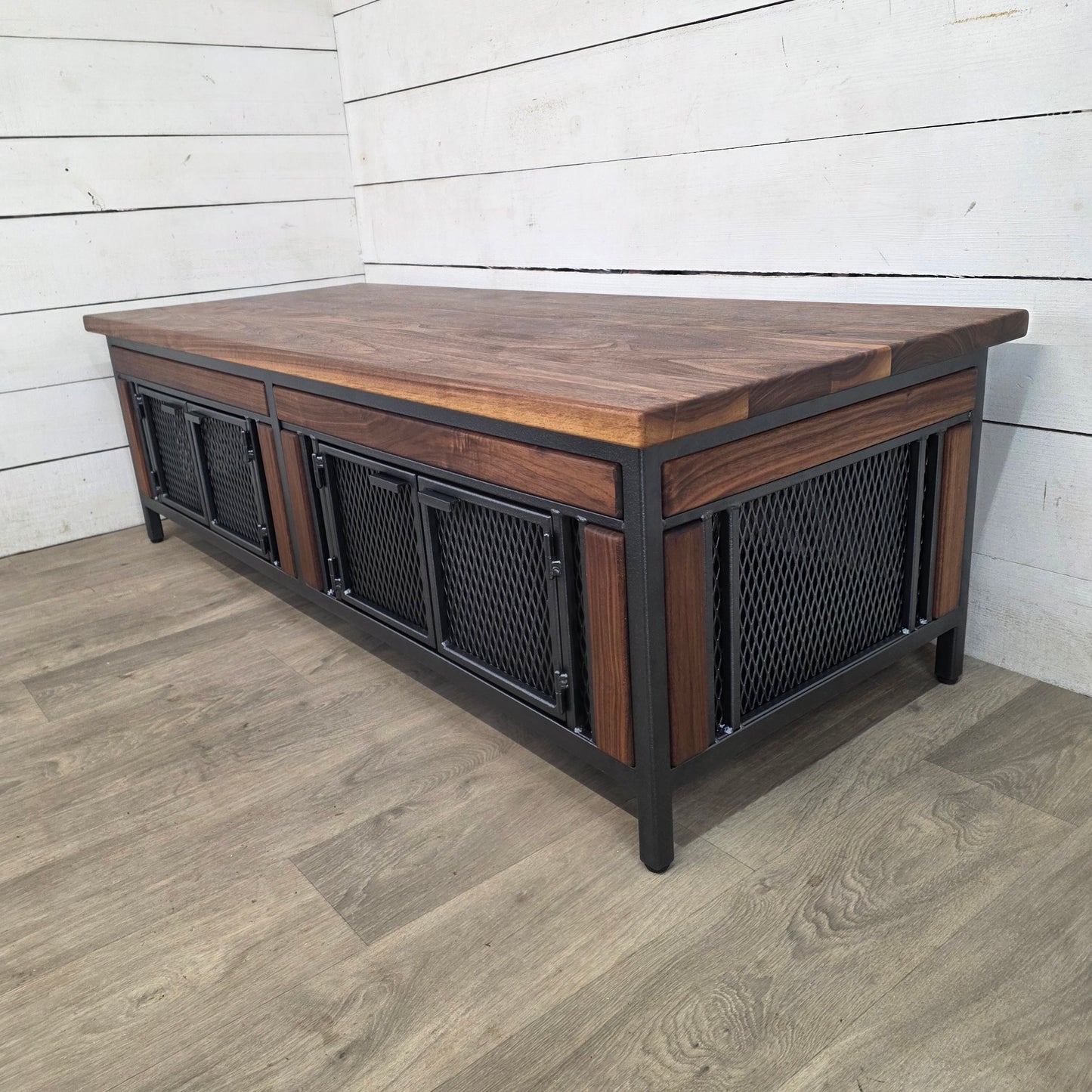 Finnian Style Coffee Table with Storage | Black Walnut & Textured Grey Metal | Modern Industrial Furniture