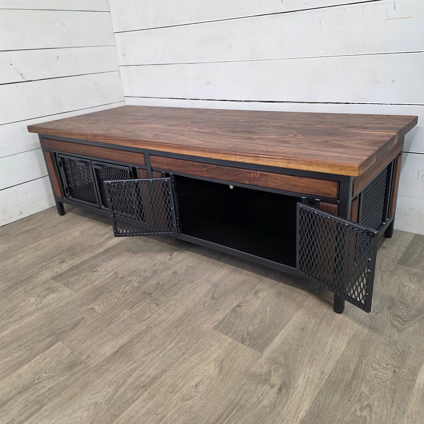 Finnian Style Coffee Table with Storage | Black Walnut & Textured Grey Metal | Modern Industrial Furniture