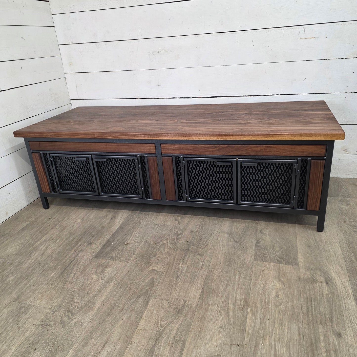 Finnian Style Coffee Table with Storage | Black Walnut & Textured Grey Metal | Modern Industrial Furniture