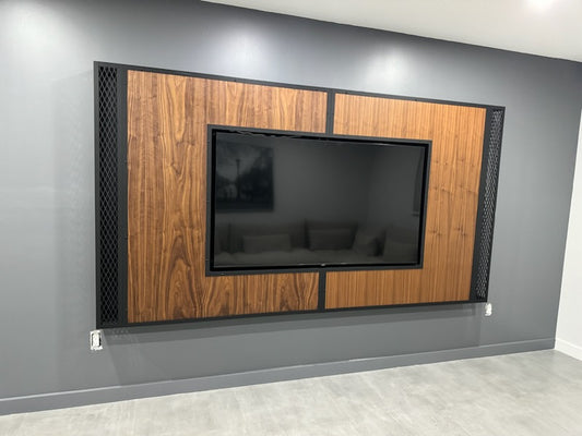 Custom TV Wall Display with LED Backlighting | Modern Black Walnut Design