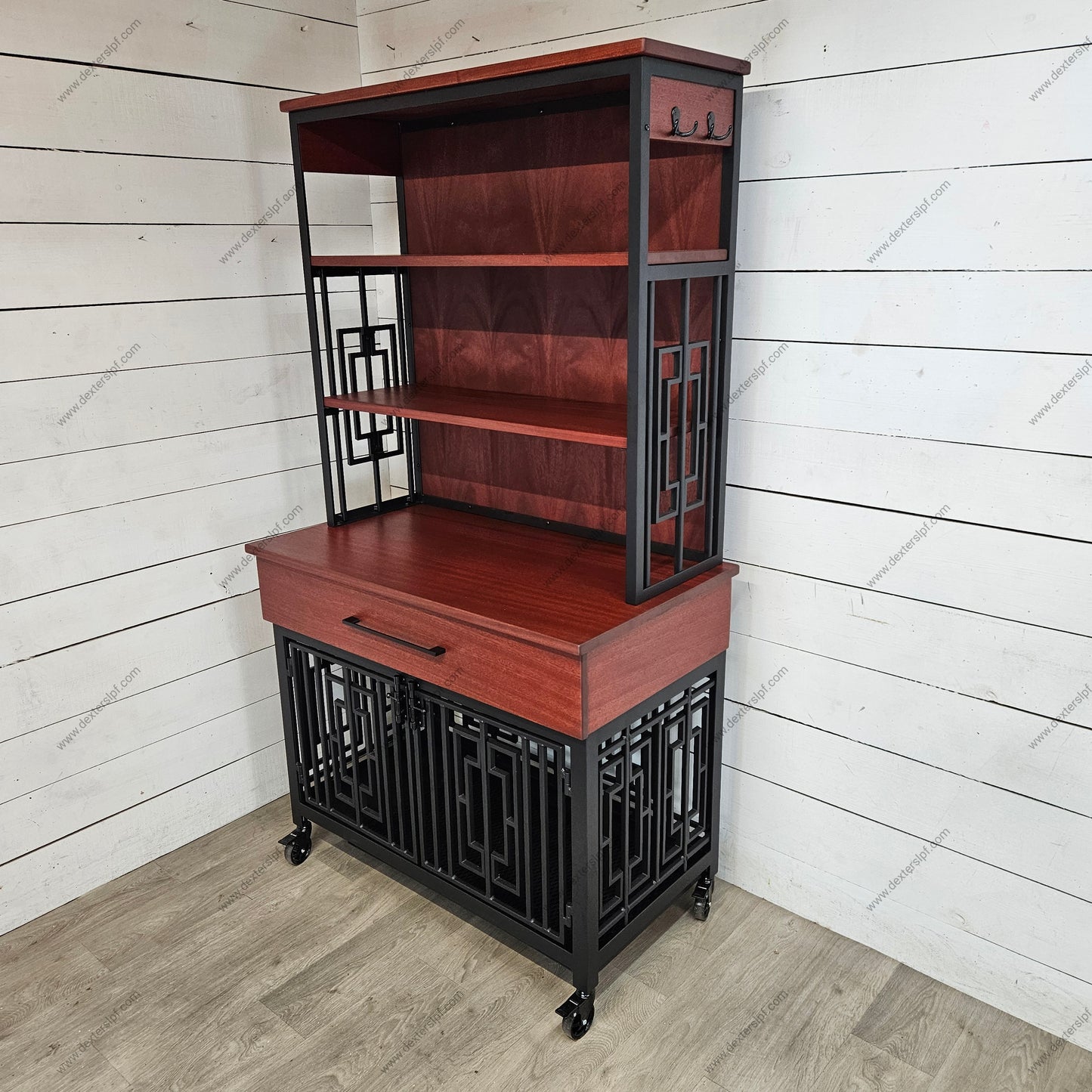 Layla Medium Open Shelf Hutch | Custom Dog Crate Furniture with Lockable Wheels