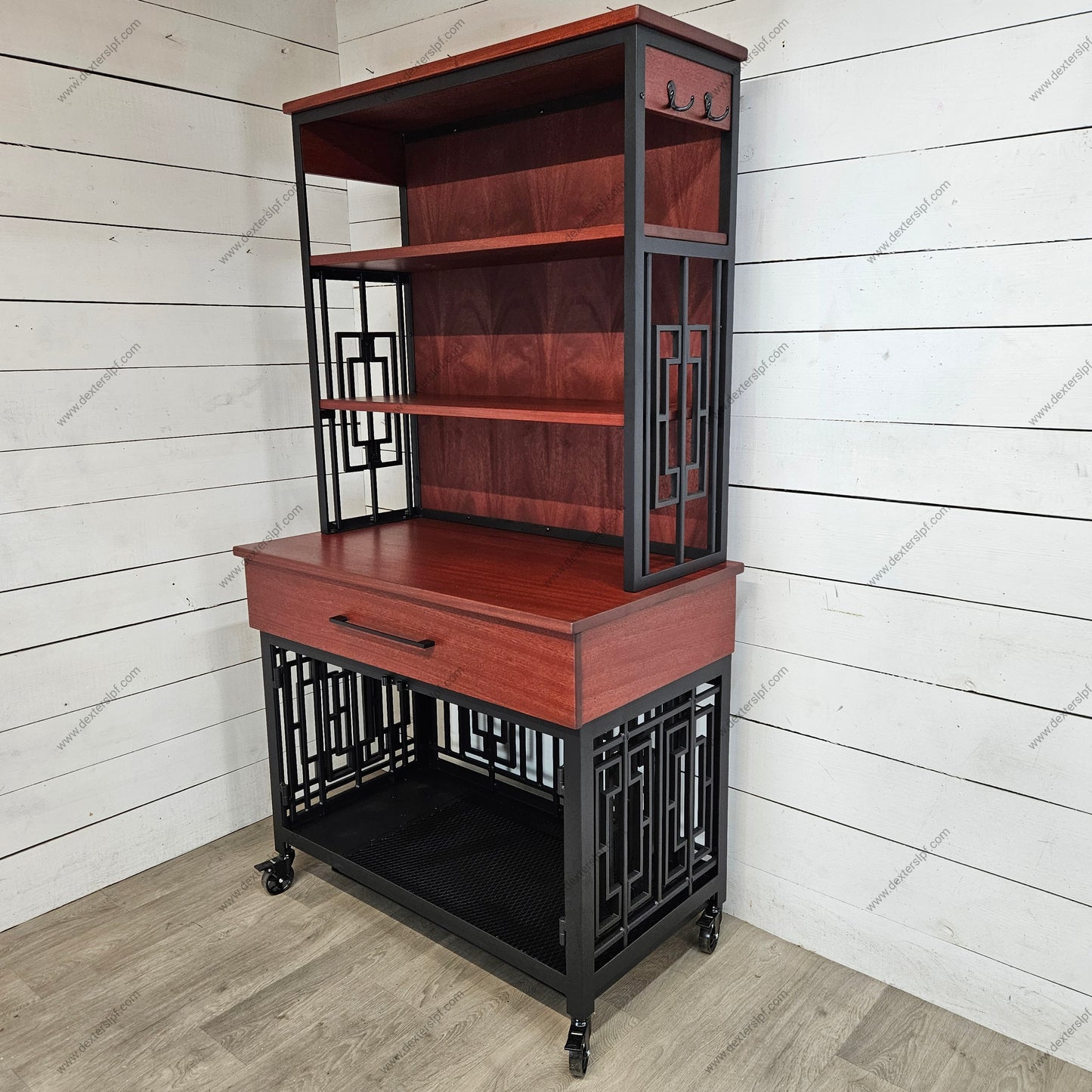 Layla Medium Open Shelf Hutch | Custom Dog Crate Furniture with Lockable Wheels