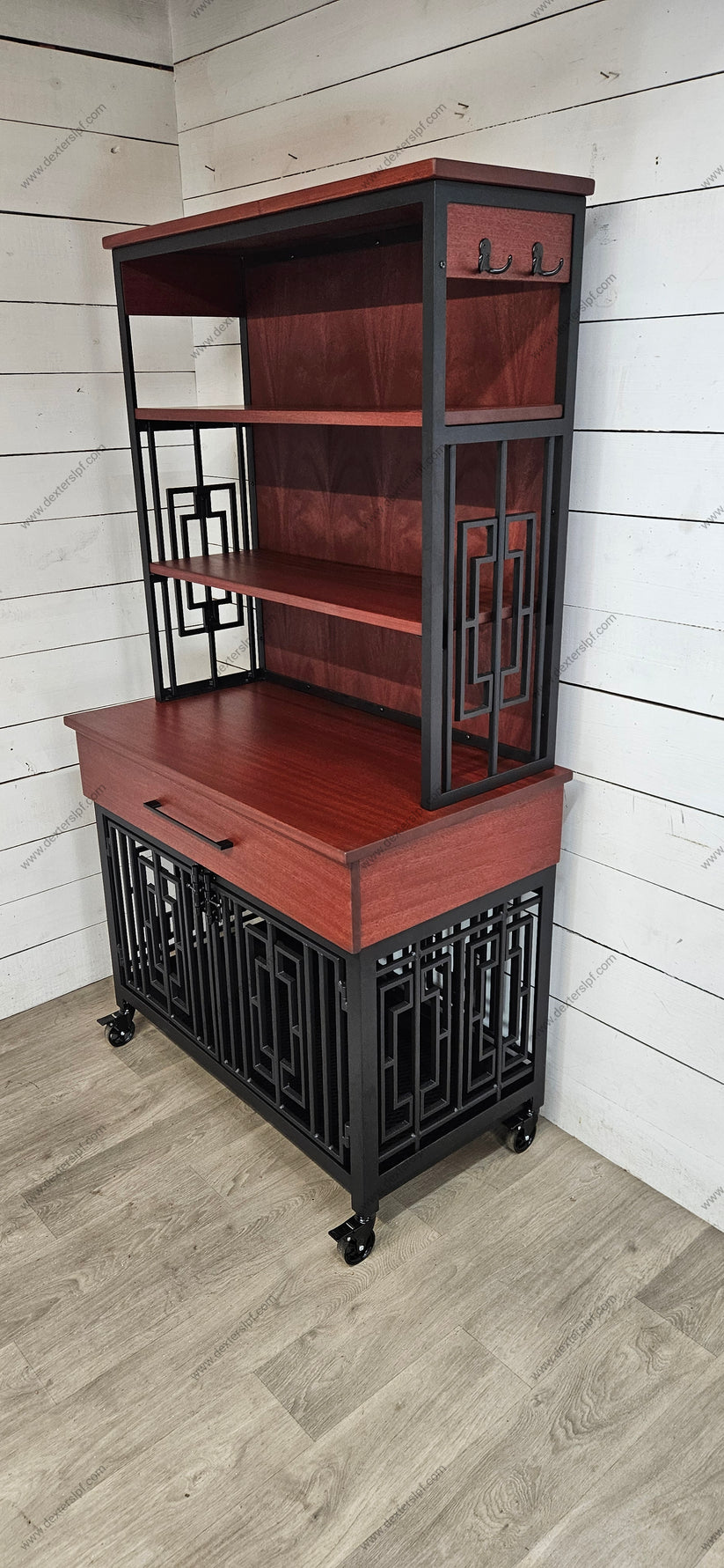 Image showcasing Layla Medium Open Shelf Hutch | Custom Dog Crate Furniture with Lockab ...