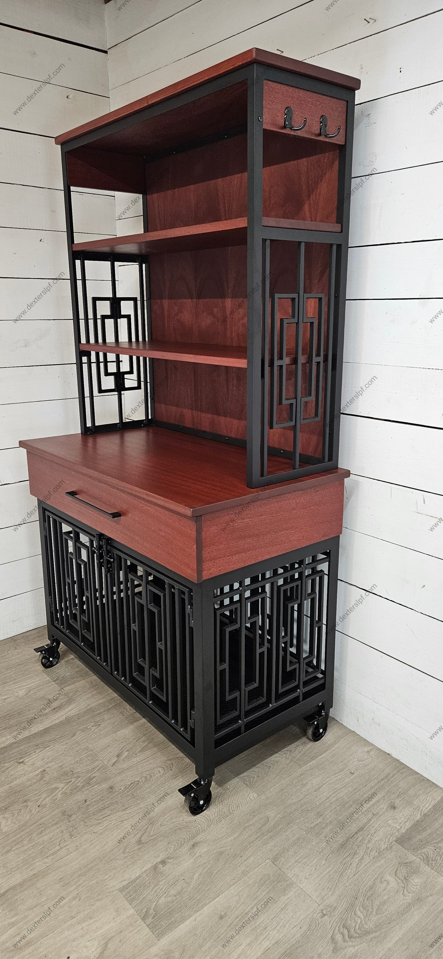 Layla Medium Open Shelf Hutch | Custom Dog Crate Furniture with Lockable Wheels