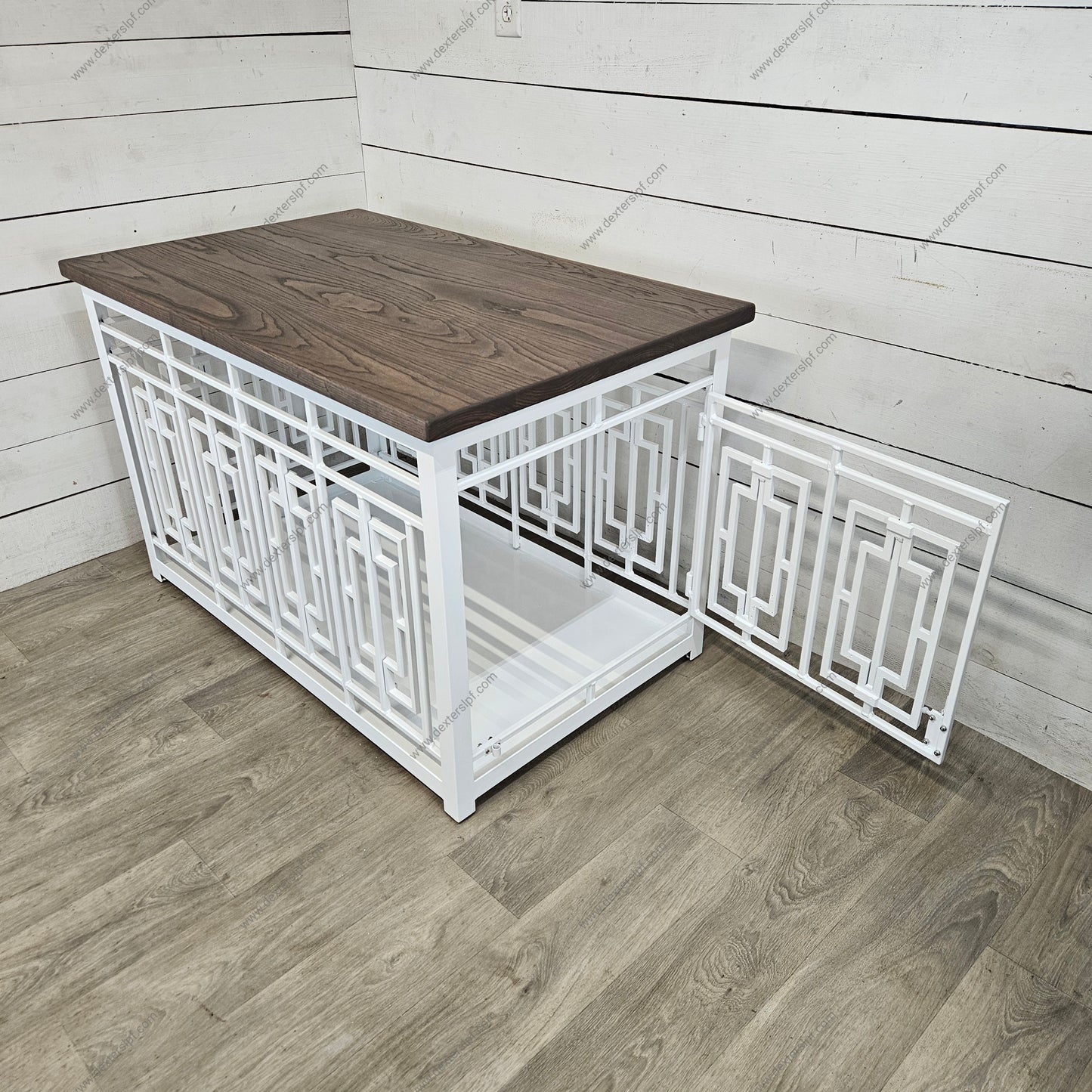 Custom Layla X-Large Dog Crate | Modern Design in White Metal and Stained Ash