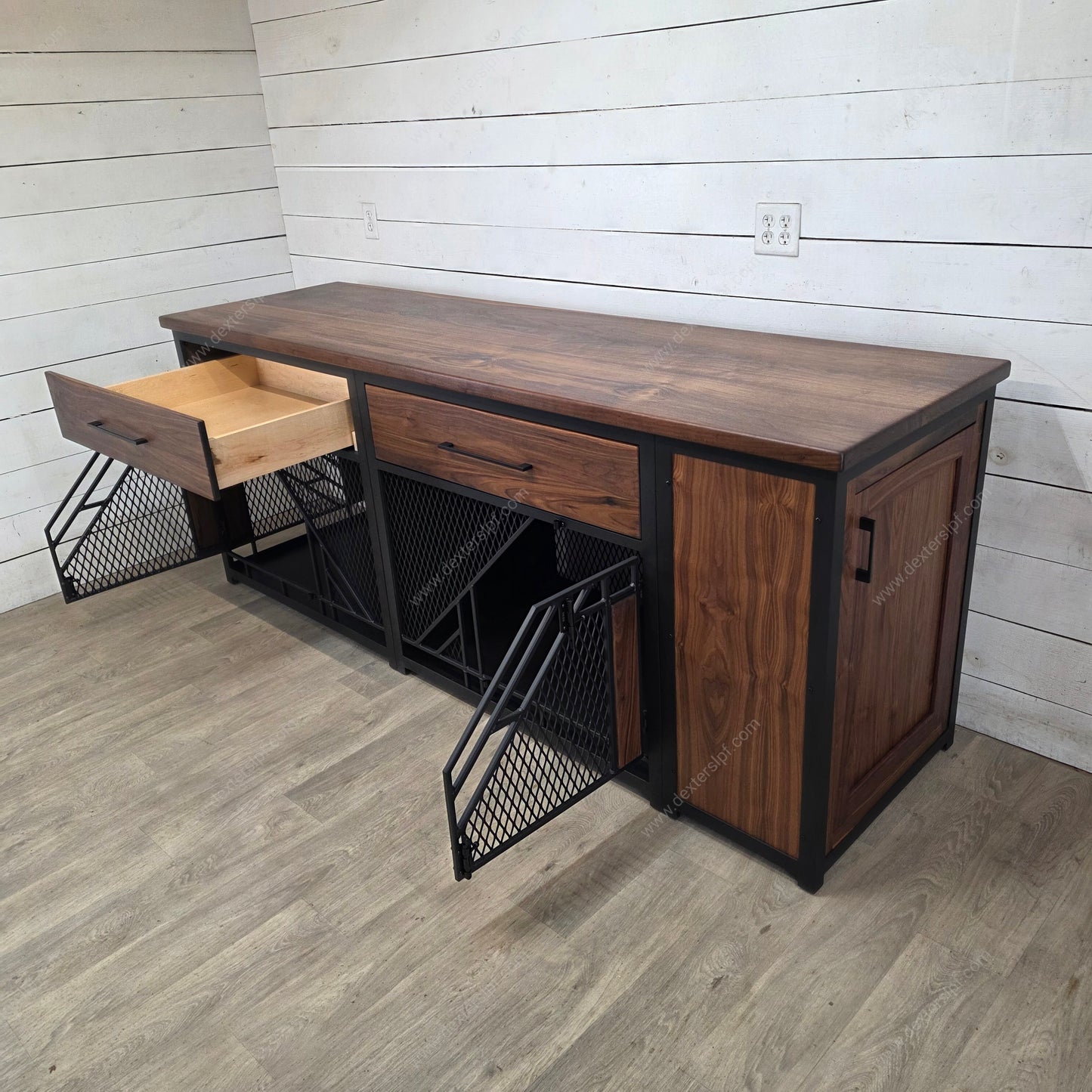 Remy Large Double Dog Crate Furniture with Drawers & Side Cabinet | Black Walnut & Black Metal