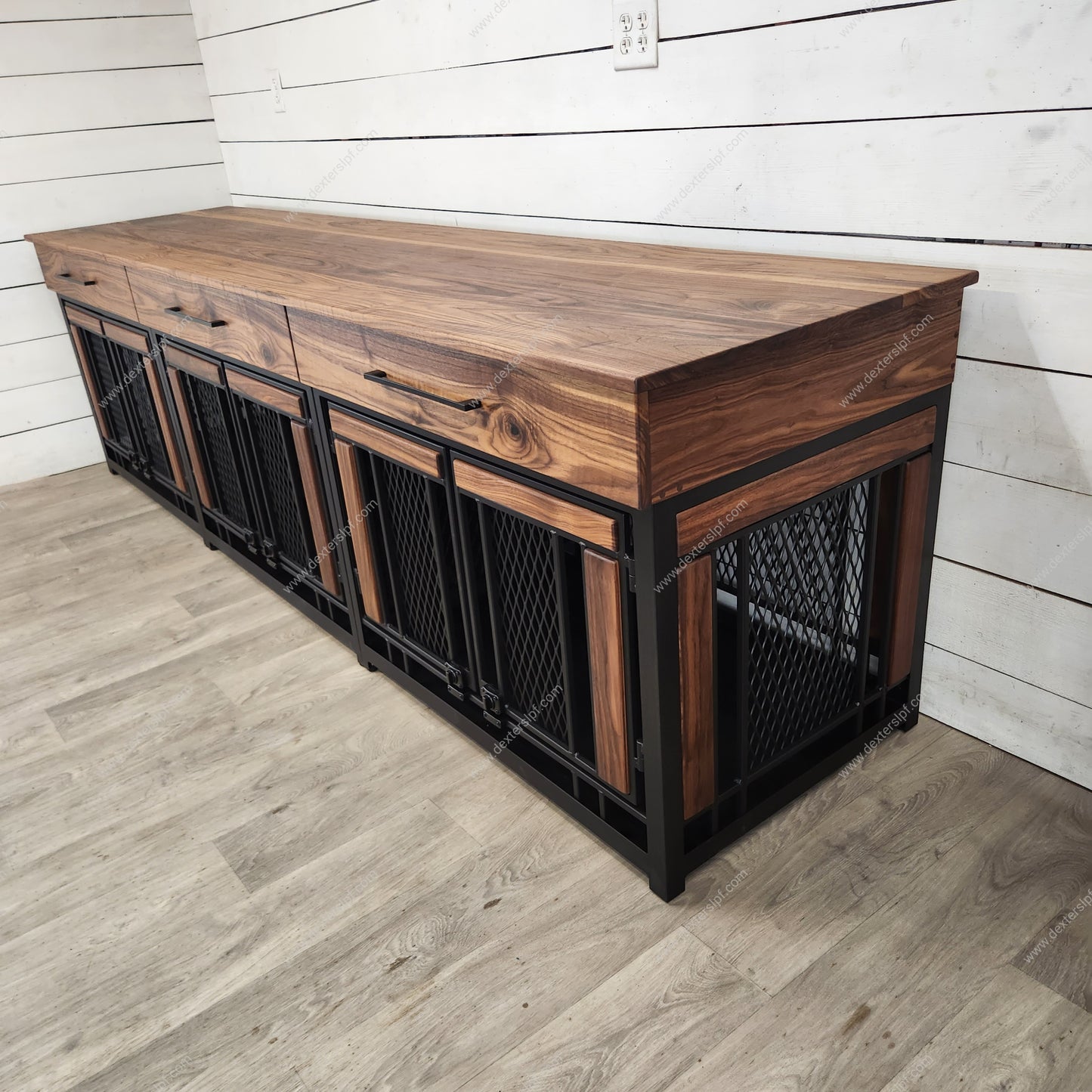 Finnian Triple Large Dog Kennel | Industrial Modern Design with Black Walnut Accents