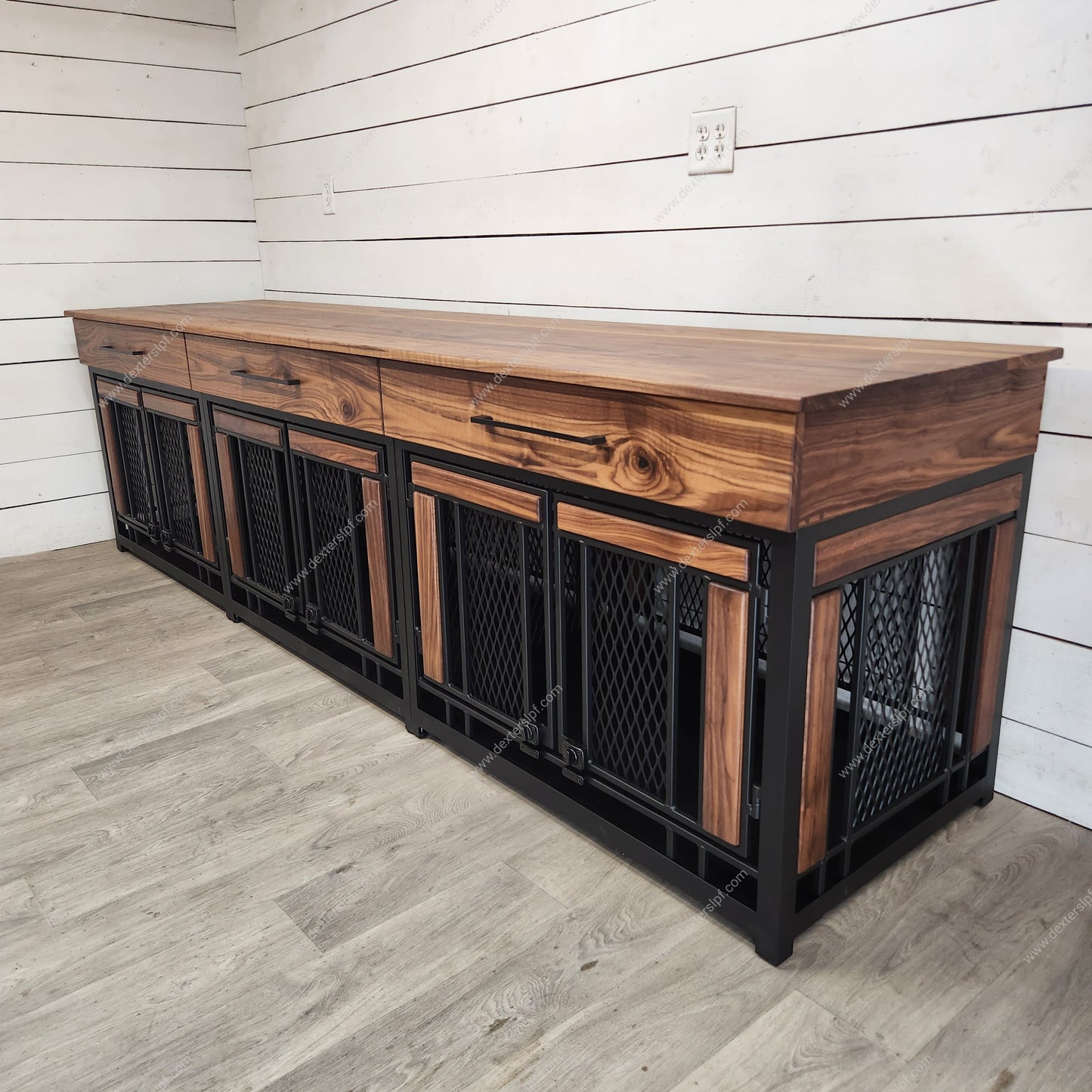 Finnian Triple Large Dog Kennel | Industrial Modern Design with Black Walnut Accents