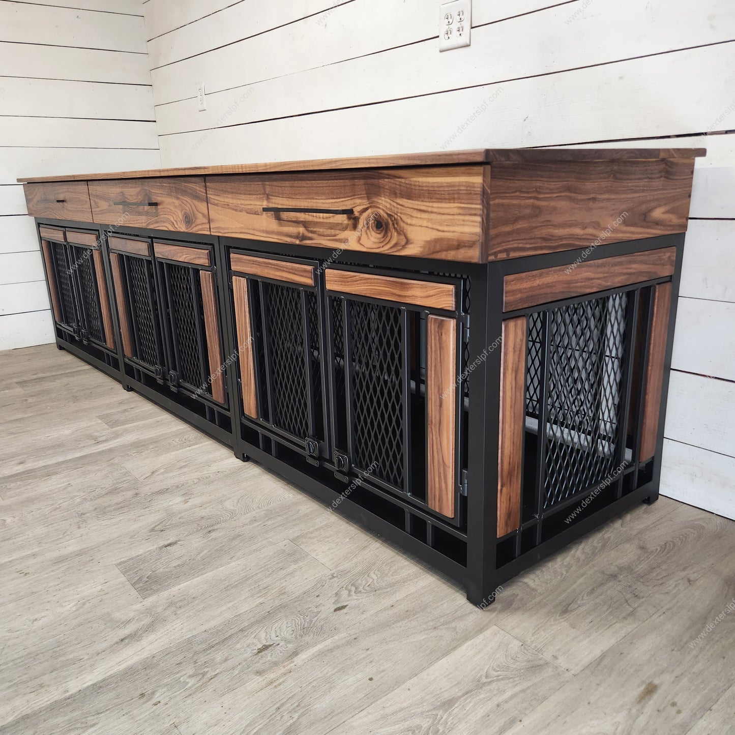 Finnian Triple Large Dog Kennel | Industrial Modern Design with Black Walnut Accents