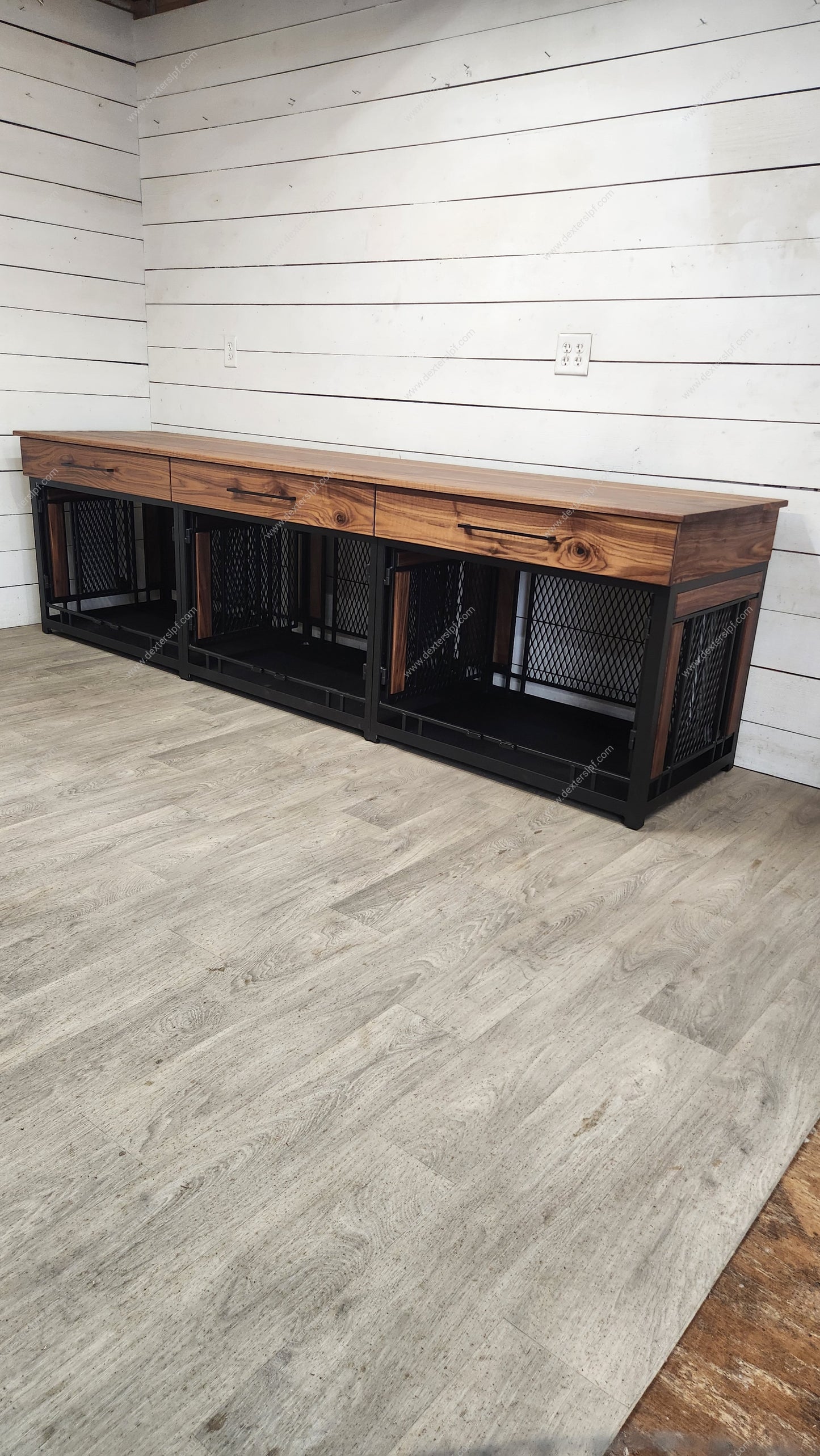 Finnian Triple Large Dog Kennel | Industrial Modern Design with Black Walnut Accents