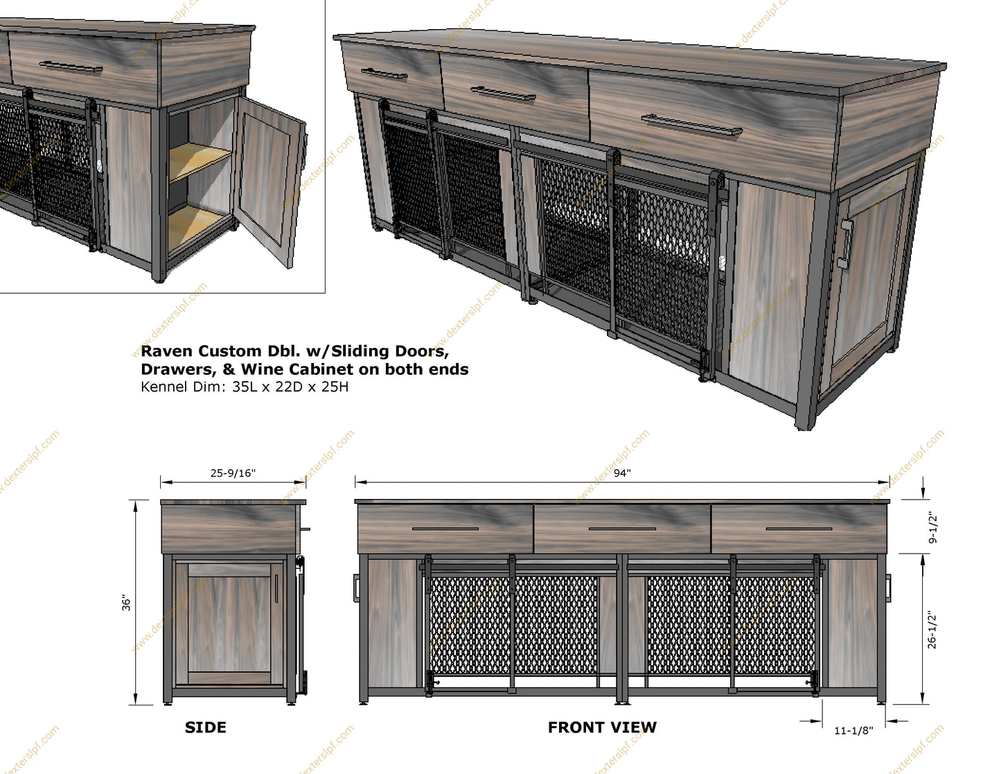 Raven Large Double Dog Kennel, Wine Storage Cabinets, 3 Drawers, Sliding Barn Style Doors