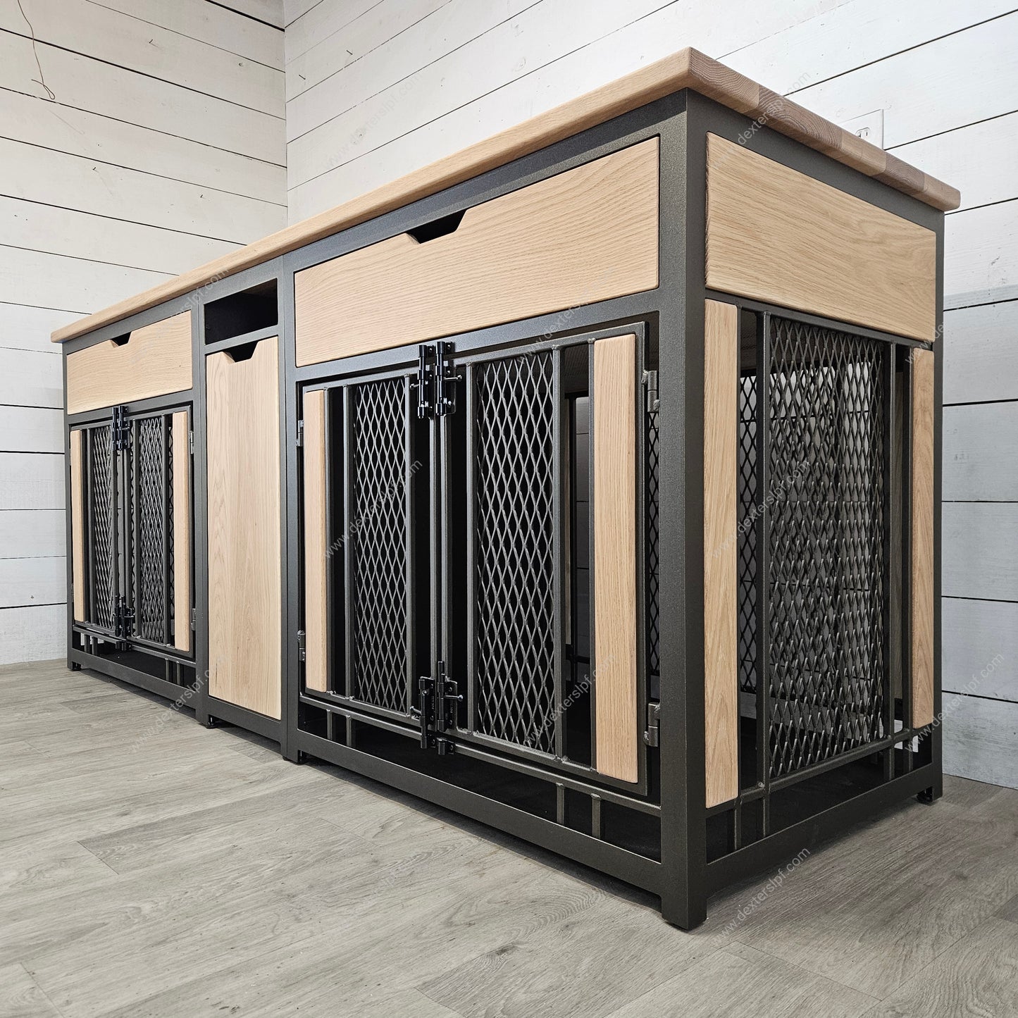 Finnian Custom Large (2x) with Drawers, and Food Storage Drawer, Double Dog Crate Furniture