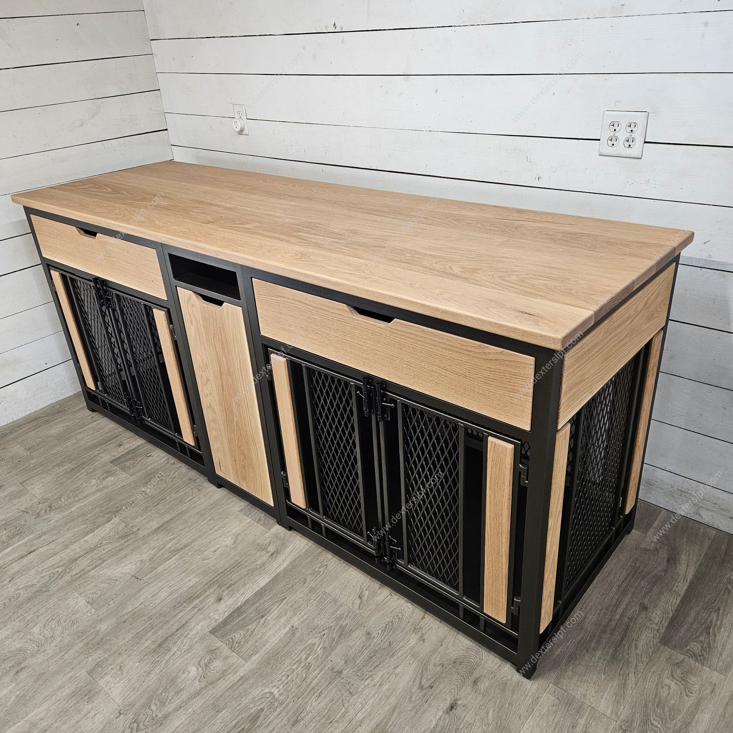 Finnian Custom Large (2x) with Drawers, and Food Storage Drawer, Double Dog Crate Furniture