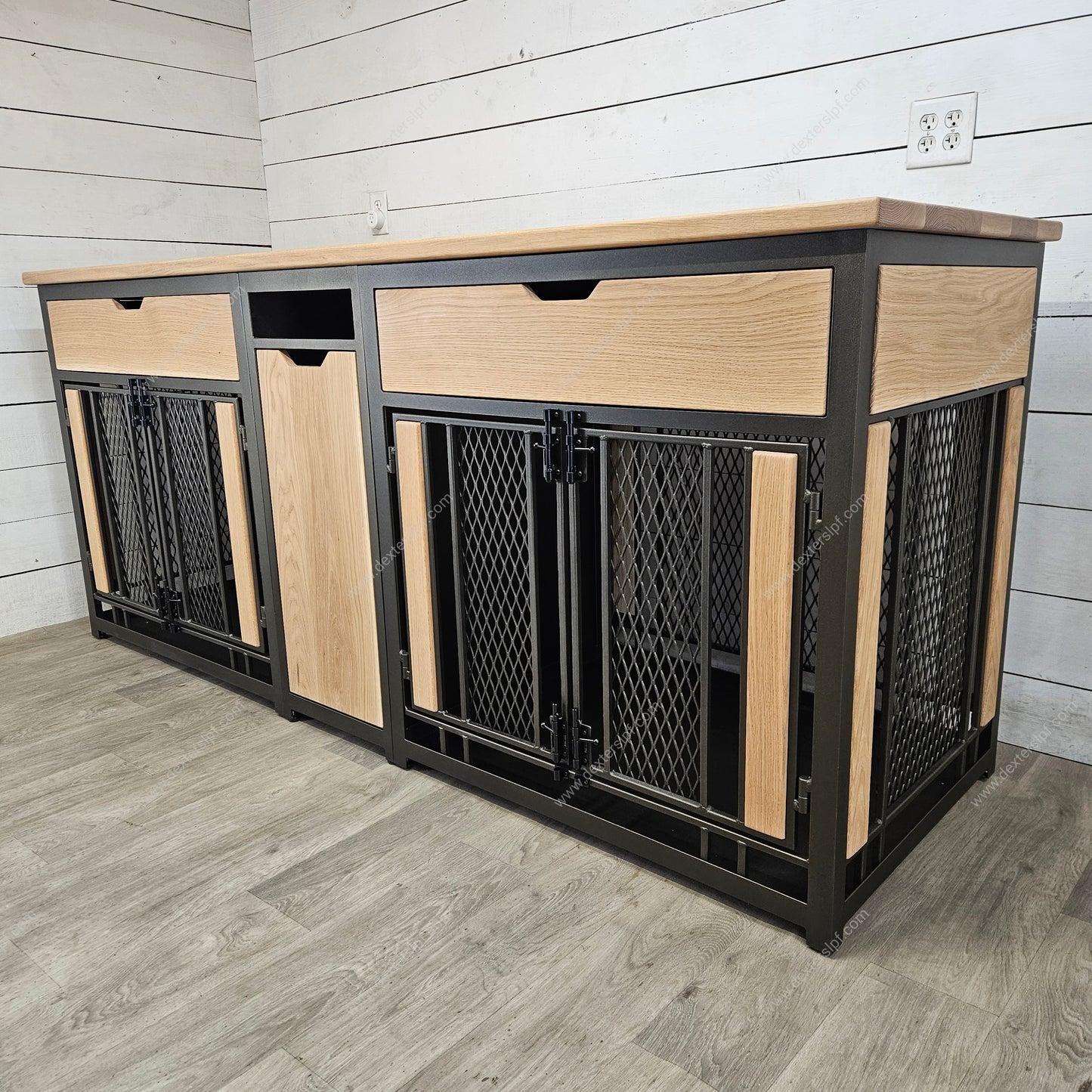 Finnian Custom Large (2x) with Drawers, and Food Storage Drawer, Double Dog Crate Furniture