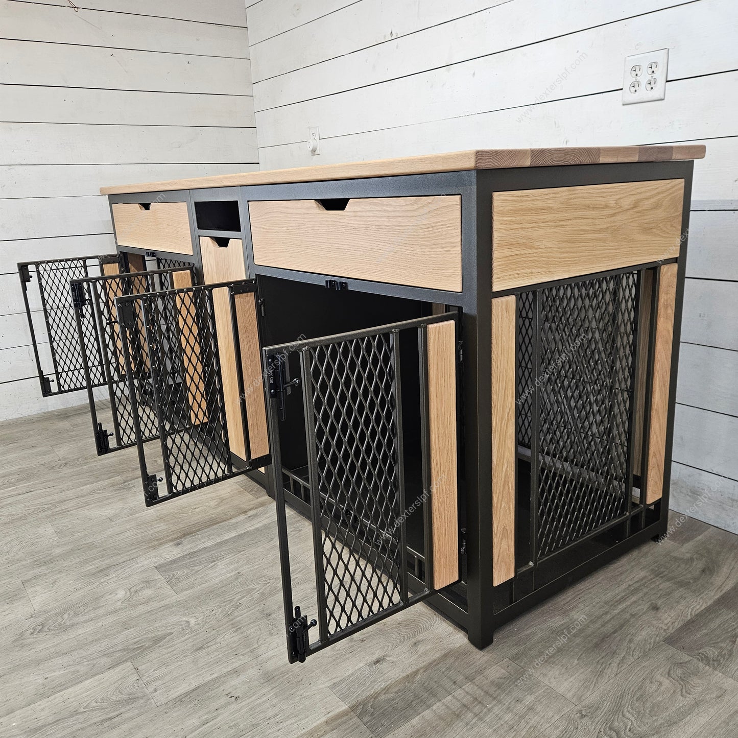 Finnian Custom Large (2x) with Drawers, and Food Storage Drawer, Double Dog Crate Furniture